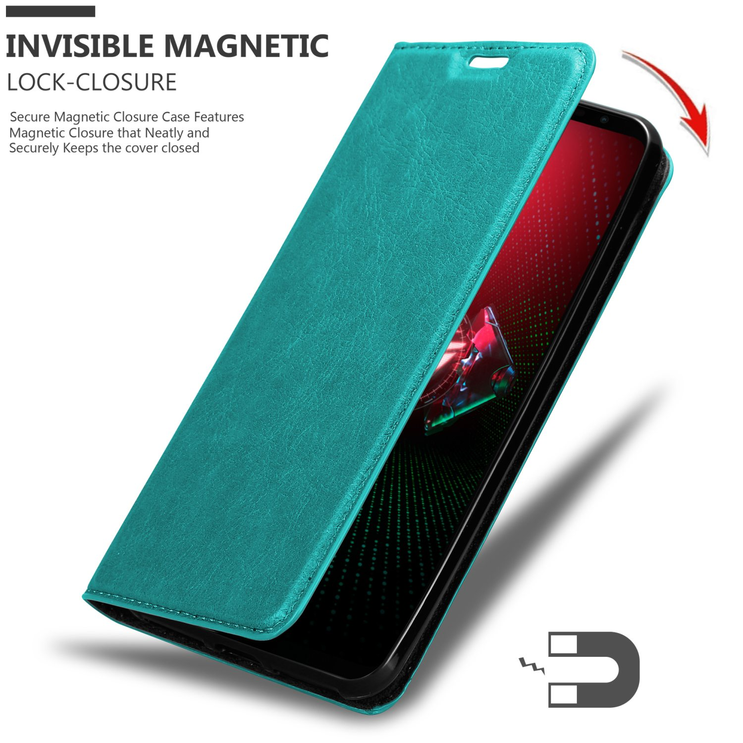 Custodia del telefono verde acqua aperta, mostra lo schermo. Chiusura magnetica.