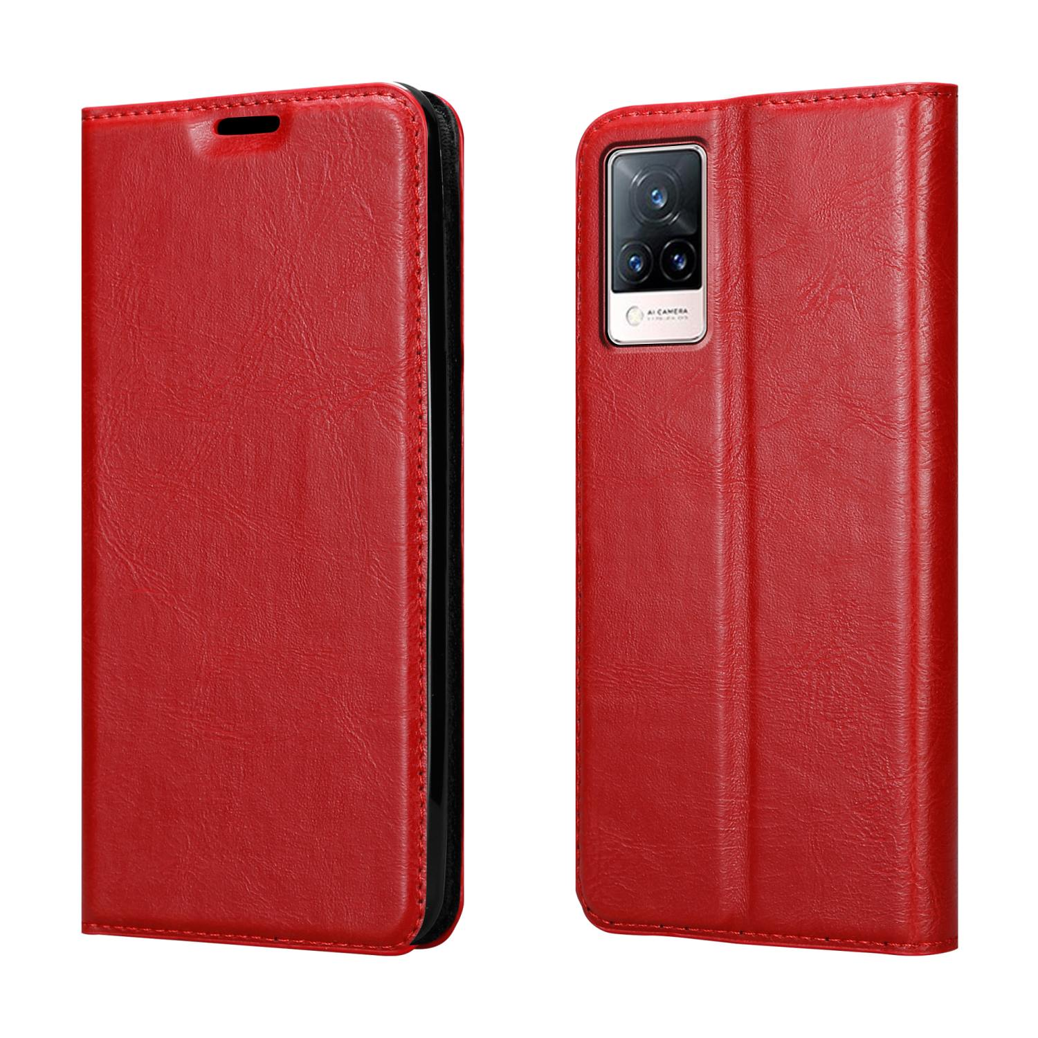 Custodia per telefono rossa, aperta e chiusa, con telefono visibile. Ha una consistenza simile alla pelle.