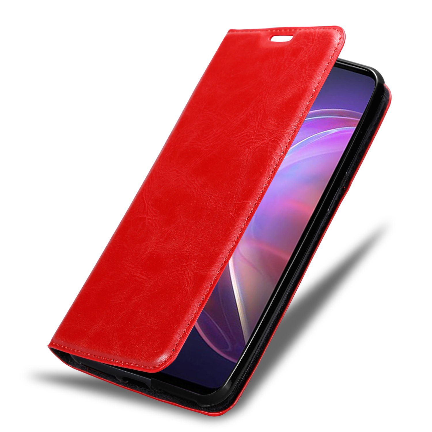 Custodia rossa per telefono, aperta, che mostra il telefono all'interno, con una texture e un design simili alla pelle.