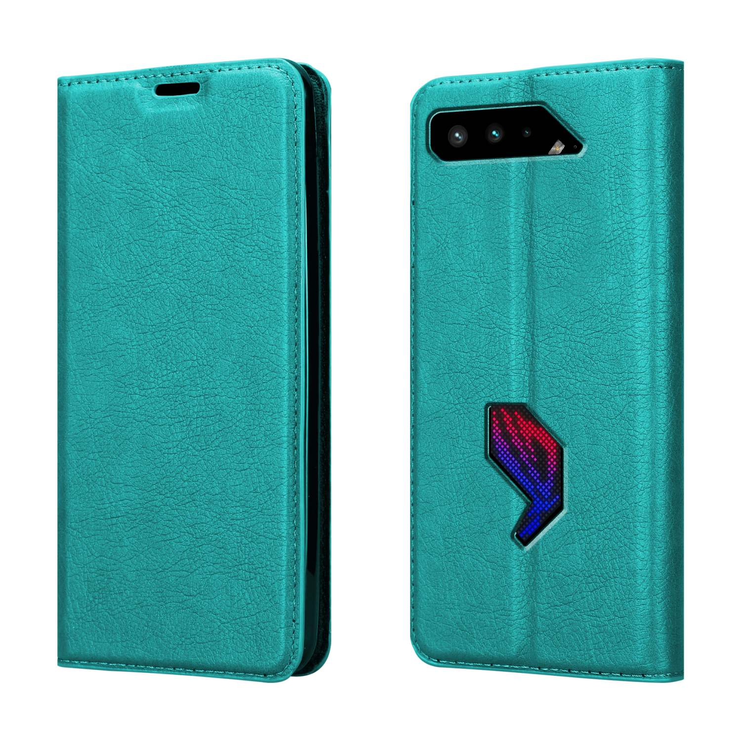 Custodia per telefono turchese, aperta e chiusa, con superficie strutturata. Include slot per schede e area fotocamera.