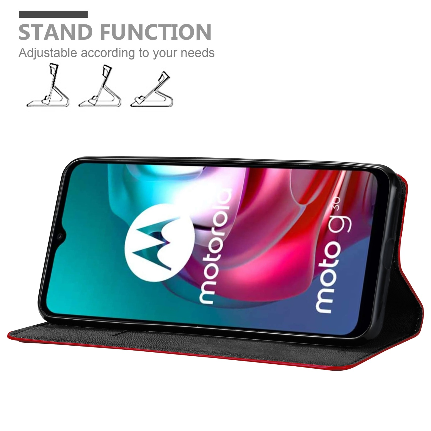 Schwarz-rote Handyhülle mit Standfunktion, die ein Telefon hält. Hintergrund sind Stand-Illustrationen.