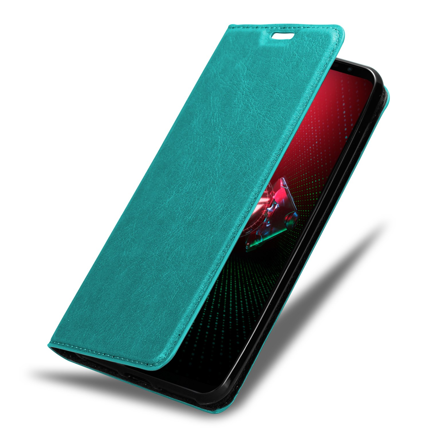 Custodia teal, aperta che mostra lo schermo del telefono. Il telefono è dentro una cornice nera.