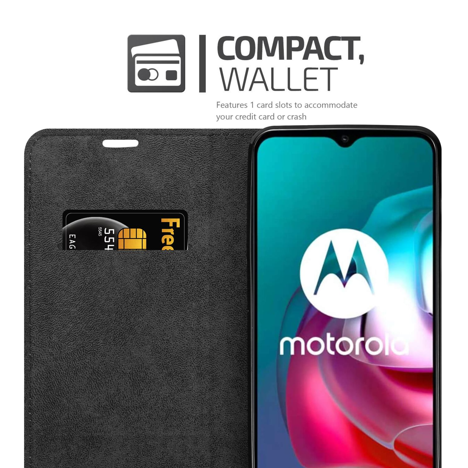 Schwarze Handyhülle, offen. Eine Karte befindet sich in einem Steckplatz. Ein Telefon mit Motorola-Logo ist sichtbar.