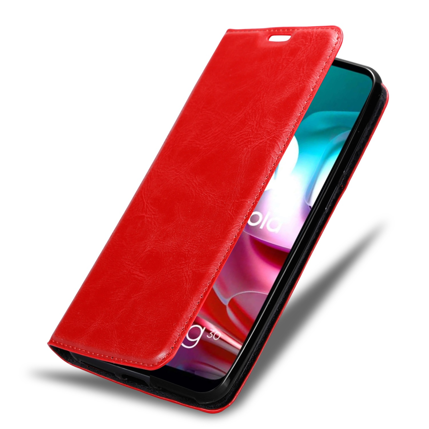 Rote Handyhülle mit offenem Deckel, die einen Smartphone-Bildschirm zeigt.