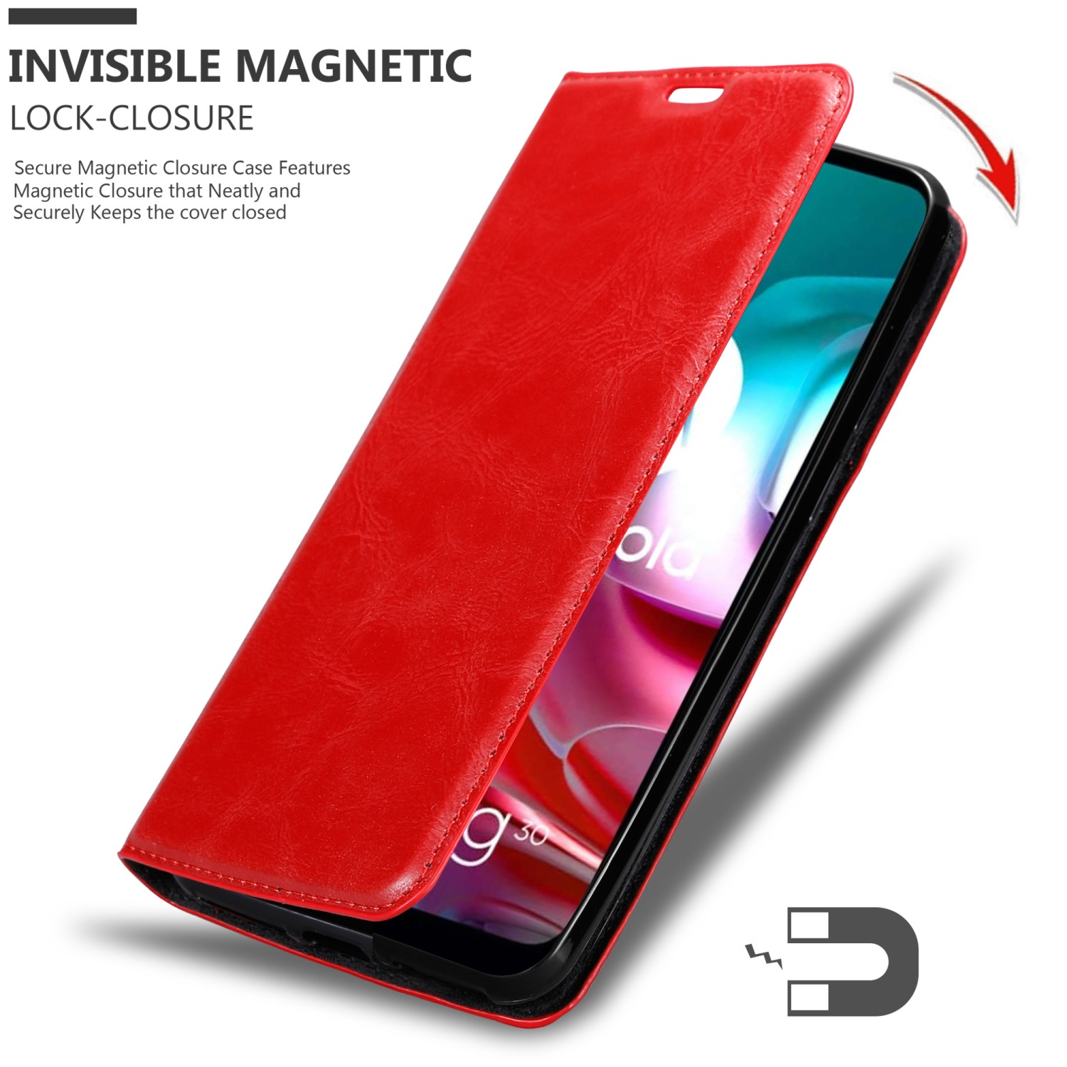 Rote Handyhülle, mit einem Telefon, die Hülle ist magnetisch.