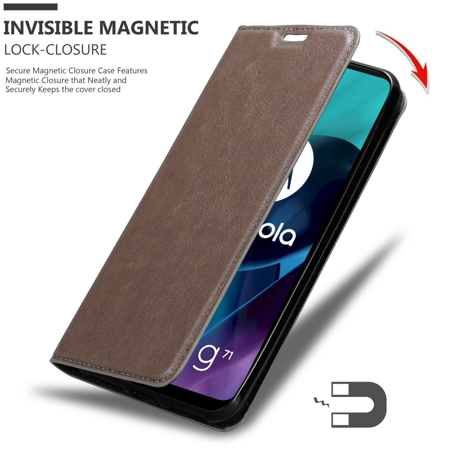 Custodia marrone per telefono aperta, rivela lo schermo. Chiusura magnetica.