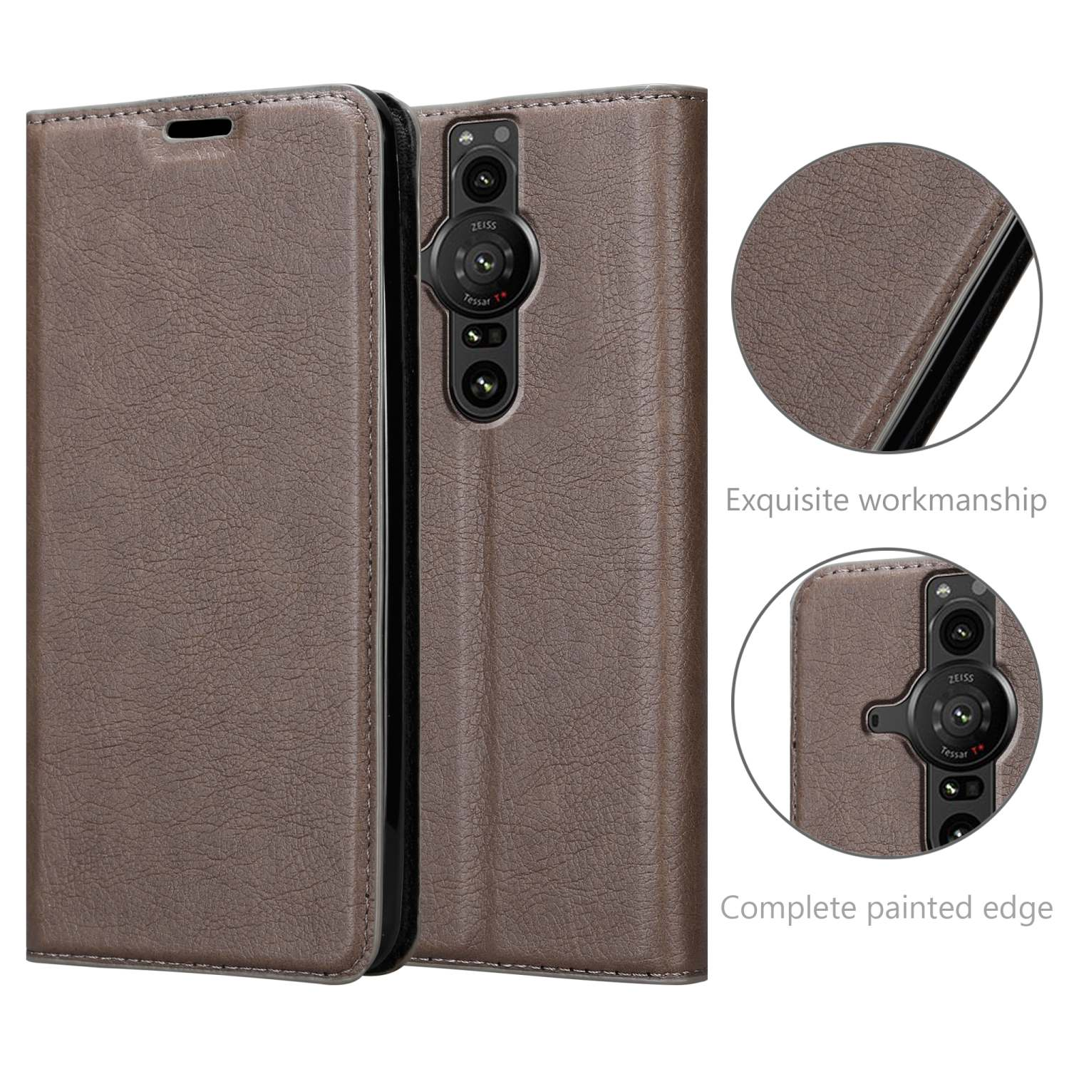 Custodia per telefono in pelle marrone aperta. Dettagli mostrano cuciture e fotocamera.