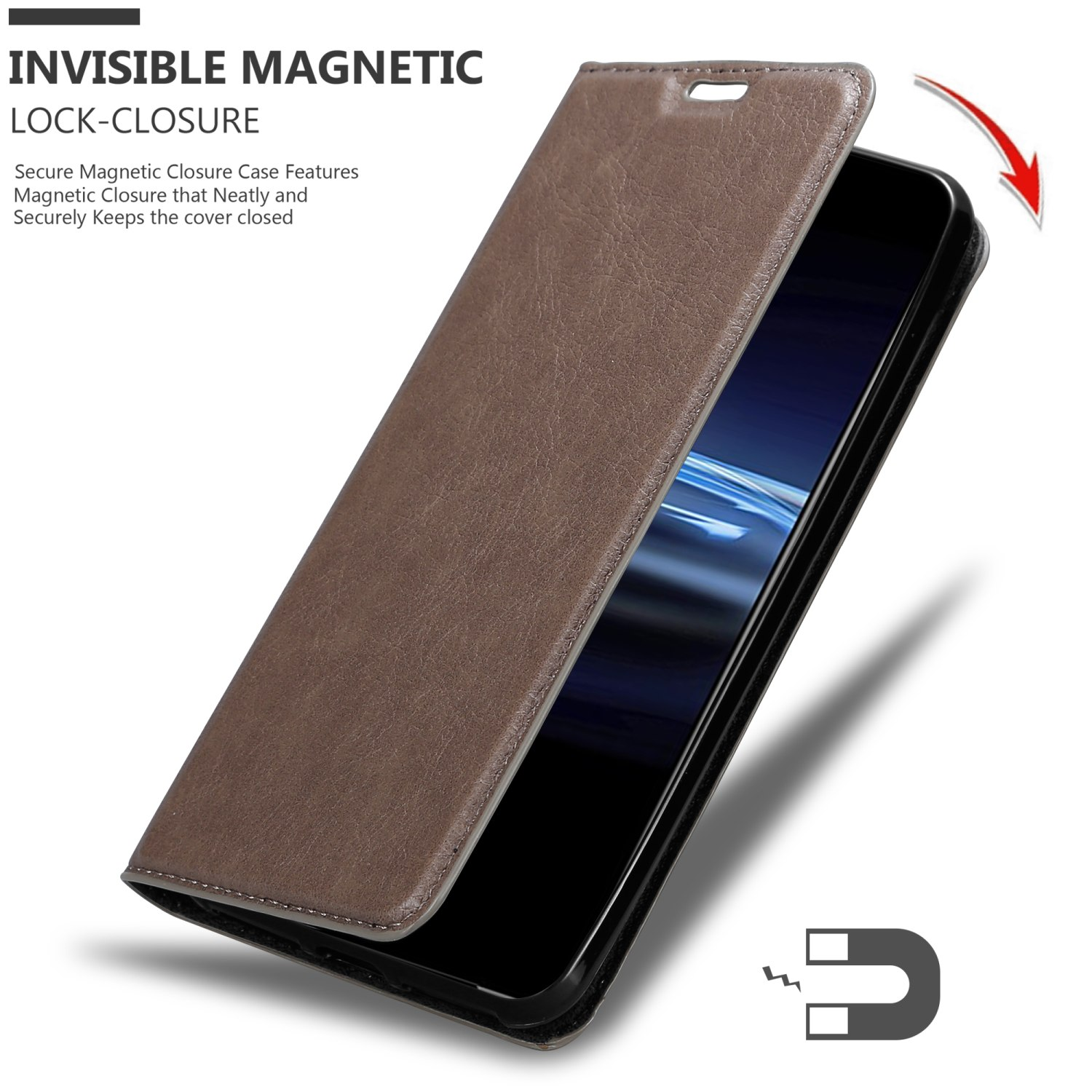 Una custodia per telefono marrone aperta, che mostra uno smartphone, con chiusura magnetica.