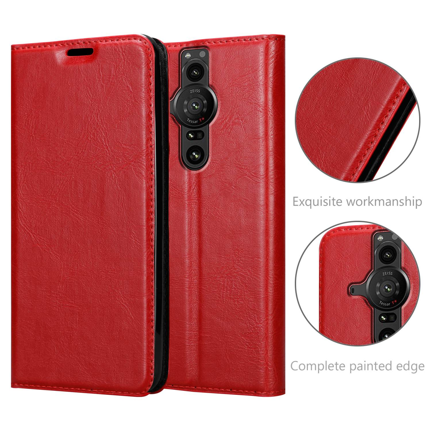 Custodia per telefono rossa, aperta per rivelare il telefono. La parte posteriore ha un ritaglio per la fotocamera e il testo: "Esecuzione squisita" e "Bordo completamente verniciato".