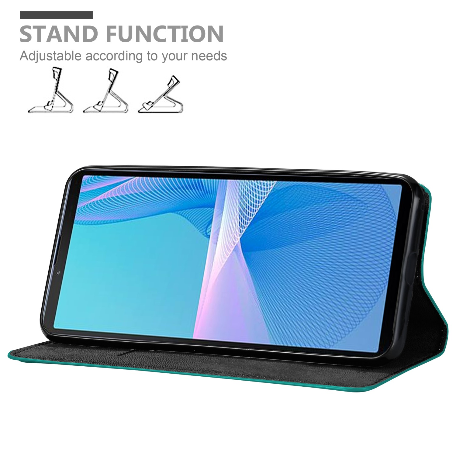 Telefono in custodia verde acqua, aperto con schermo blu-verde. Testo sopra: 'STAND FUNCTION'.