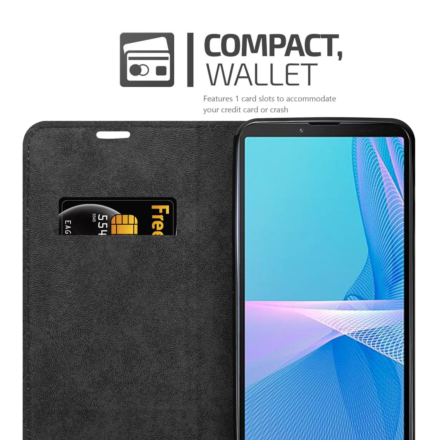 Una custodia per telefono nera aperta con un telefono all'interno. C'è uno slot per schede SIM e uno slot per carte di credito.