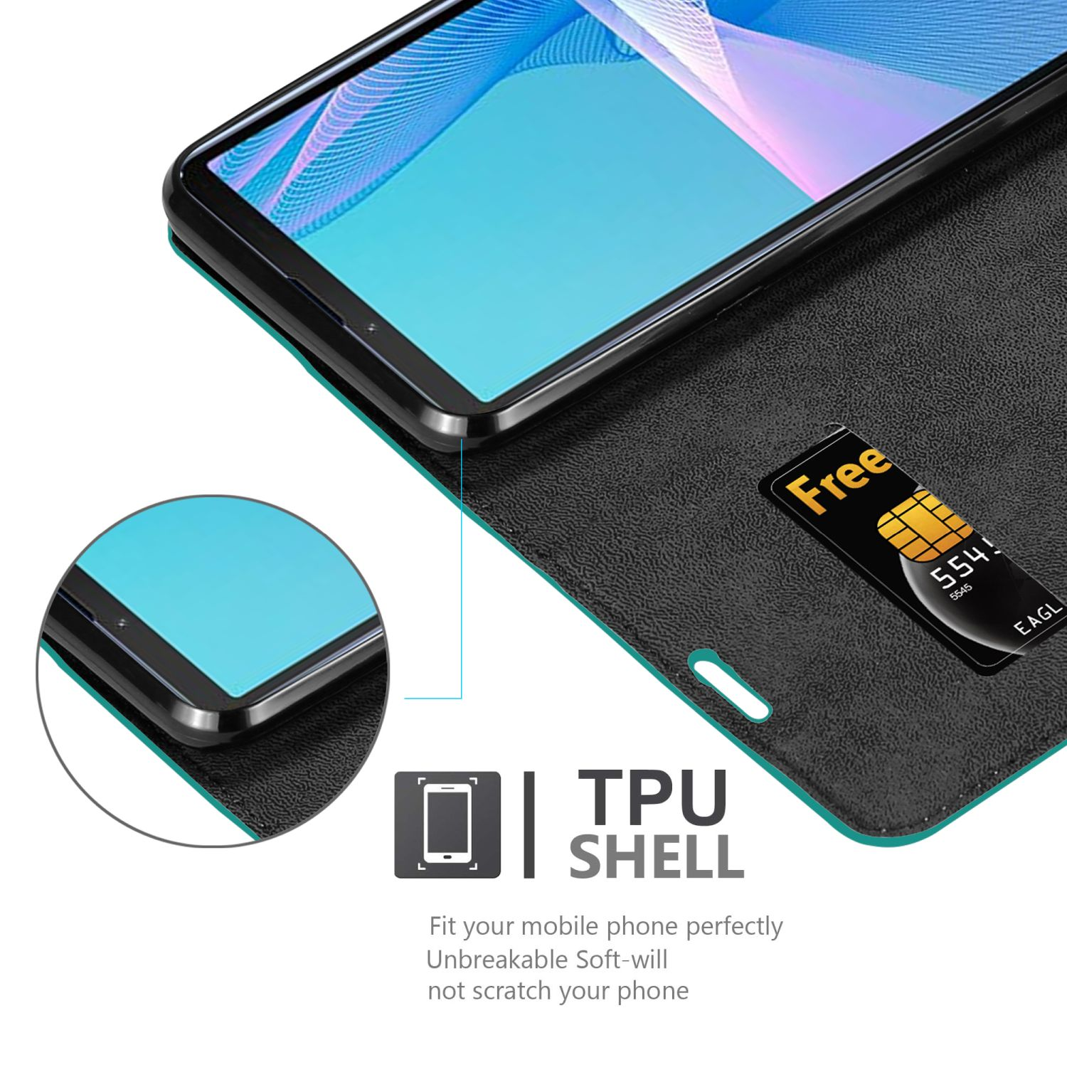 Custodia per telefono con schermo blu, cornice nera e SIM. Vista dettagliata del guscio in TPU.