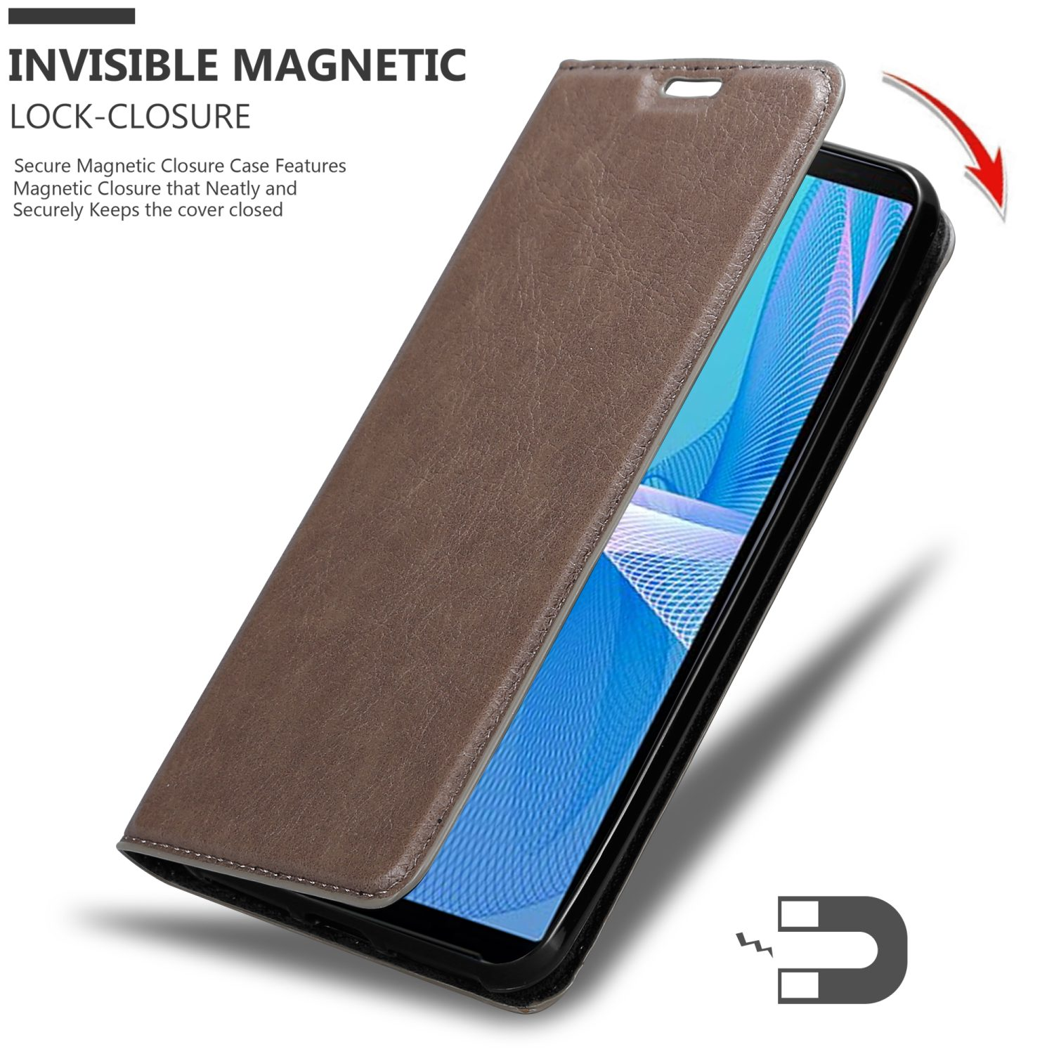 Custodia per telefono marrone con chiusura magnetica.