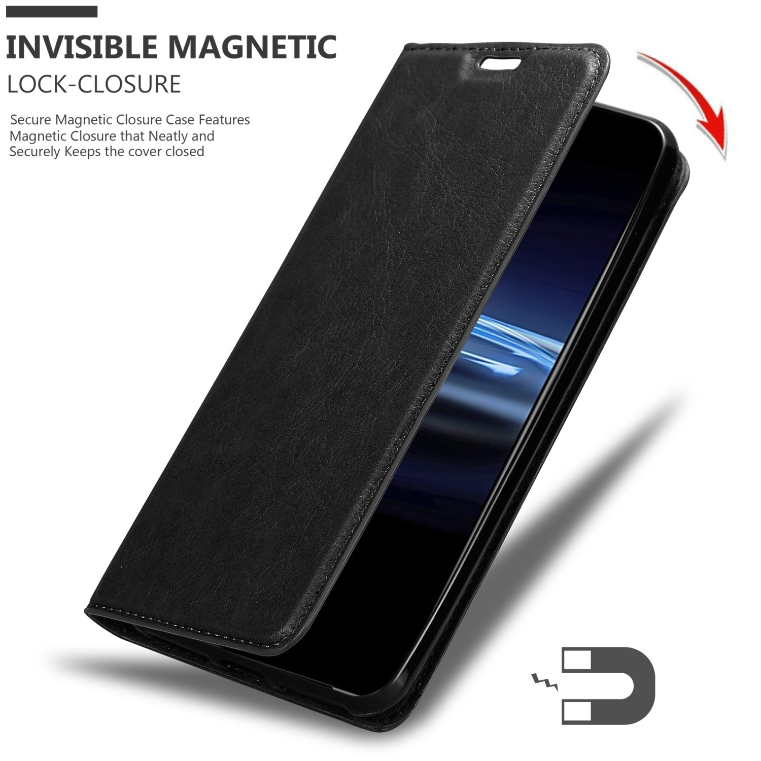 Custodia per telefono nera aperta, che rivela un telefono. Chiusura magnetica con freccia e icona calamita.