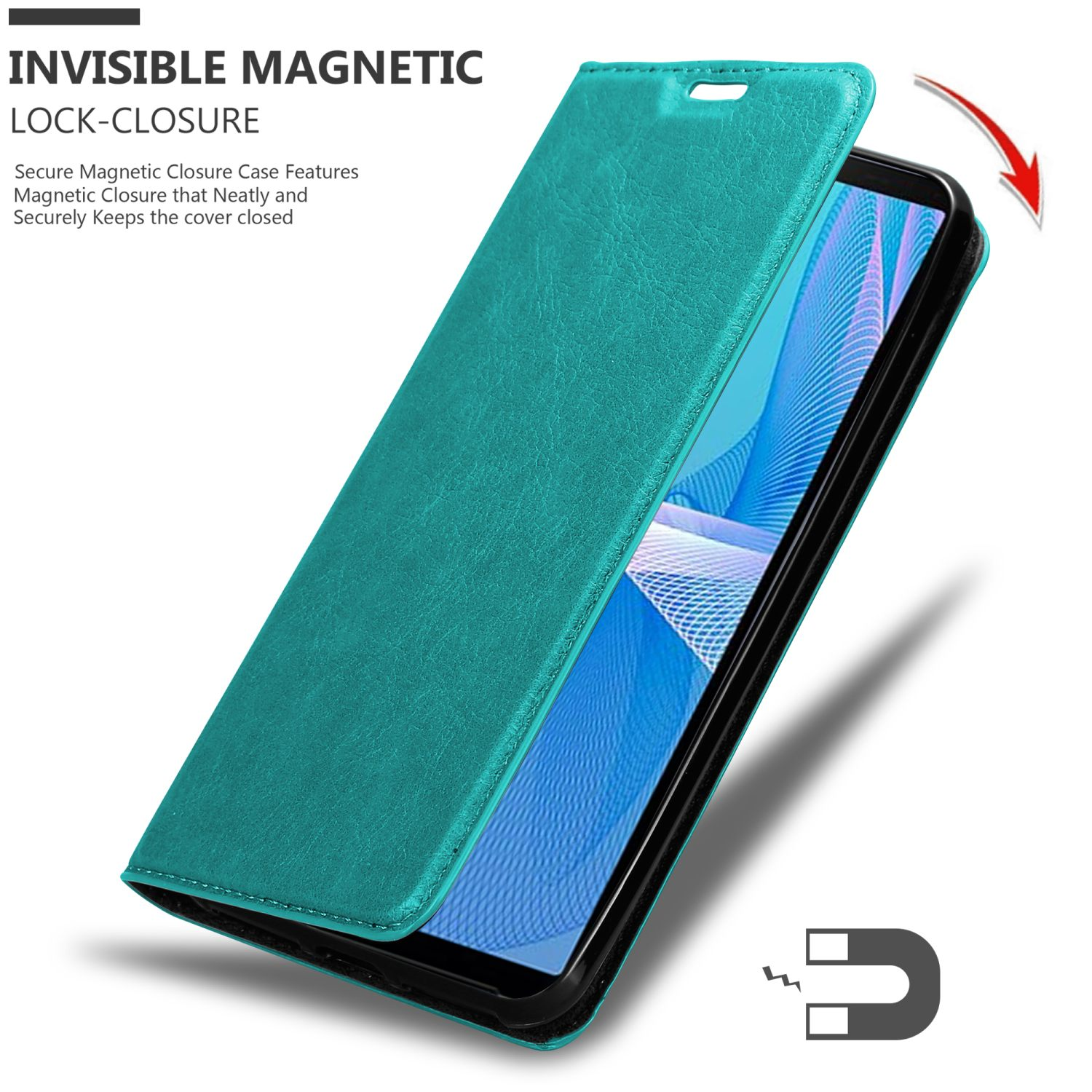 Una custodia per telefono verde acqua aperta, che rivela un telefono. La custodia ha una chiusura magnetica.