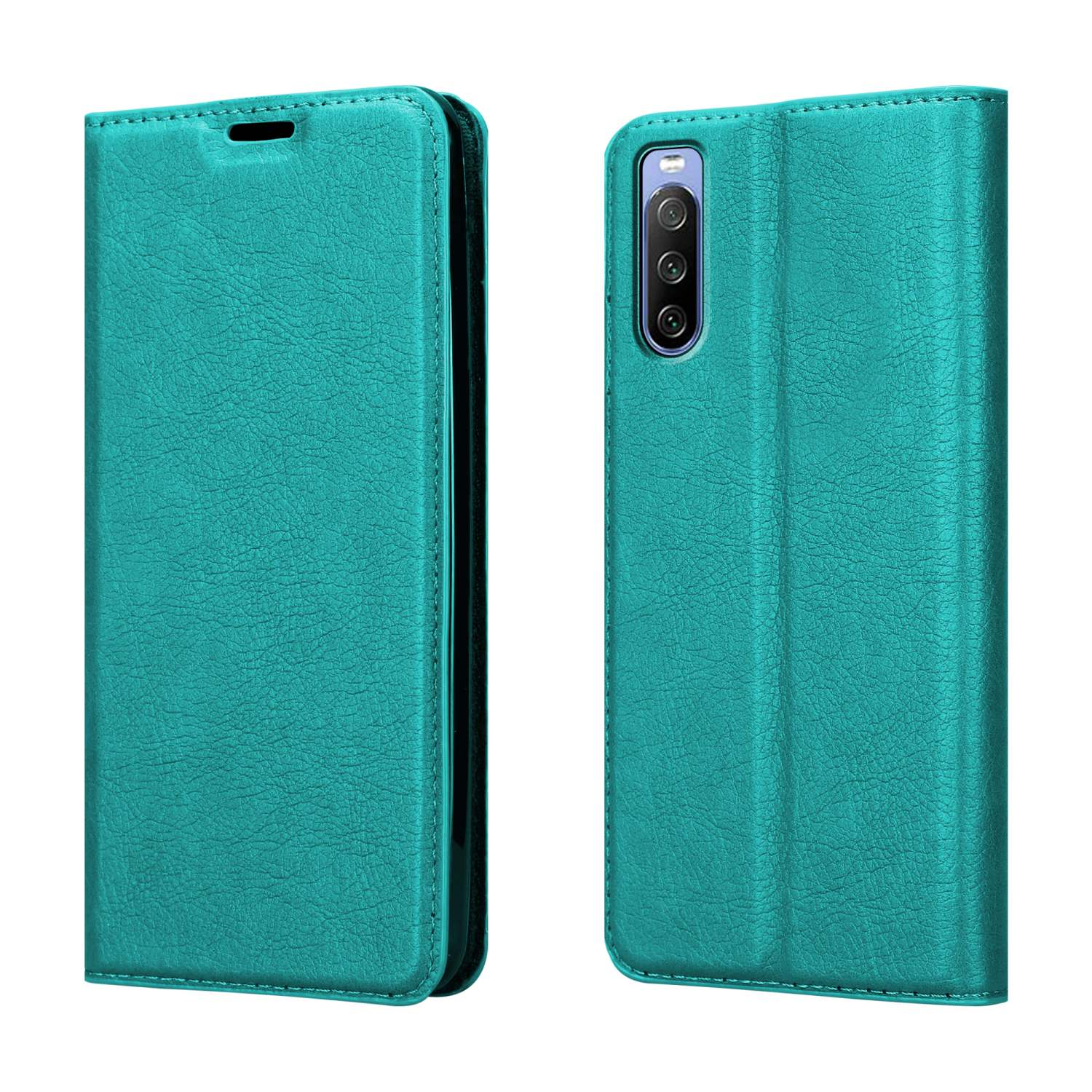Custodia per telefono verde acqua, aperta. Schermo del telefono visibile. Bordo nero.