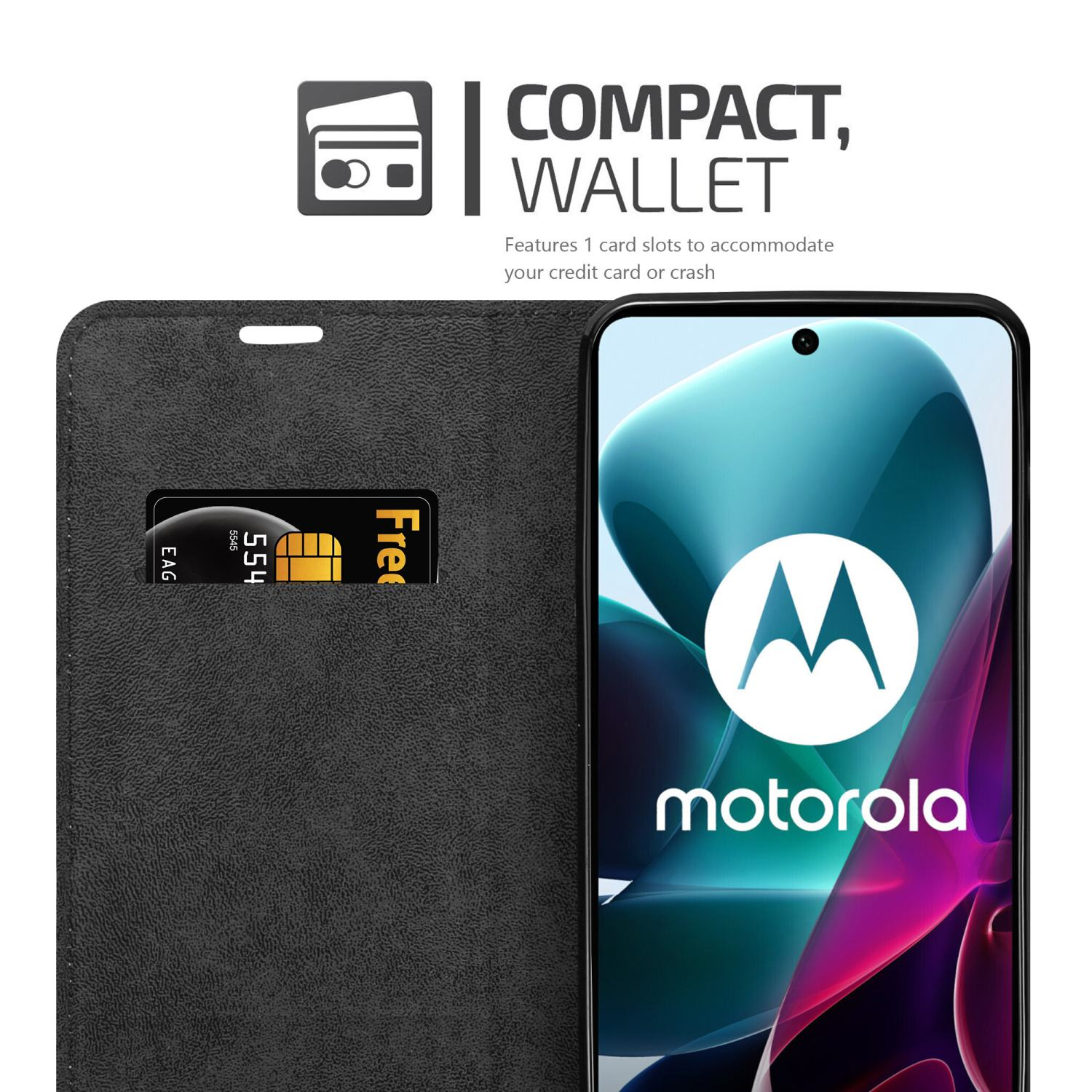 Custodia per telefono nera con fessura per carta di credito, aperta. Testo: Portafoglio compatto. Telefono con logo Motorola.