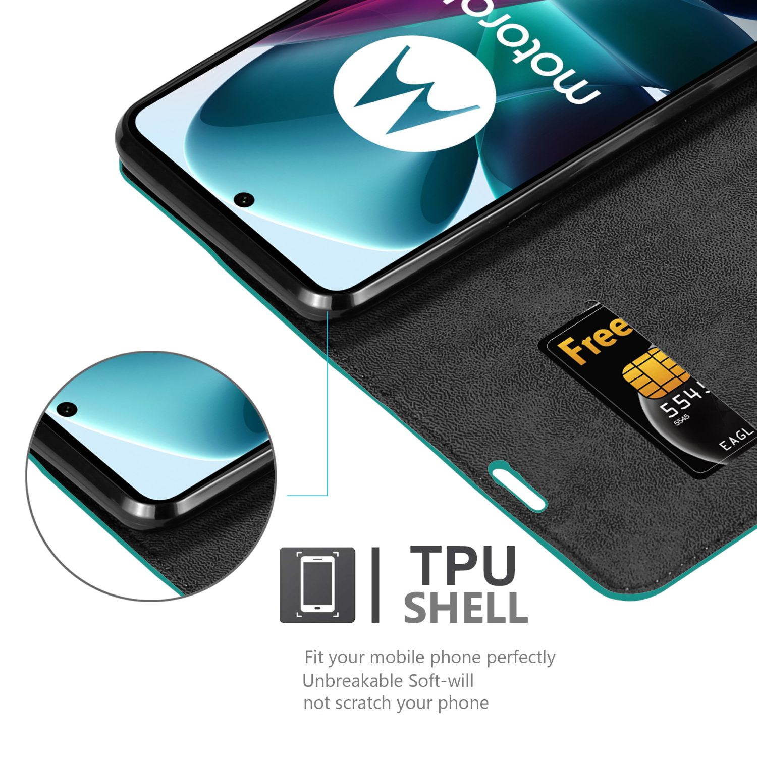 Custodia nera per telefono con carta. Testo: Guscio in TPU. Telefono nella custodia. Bordo verde.