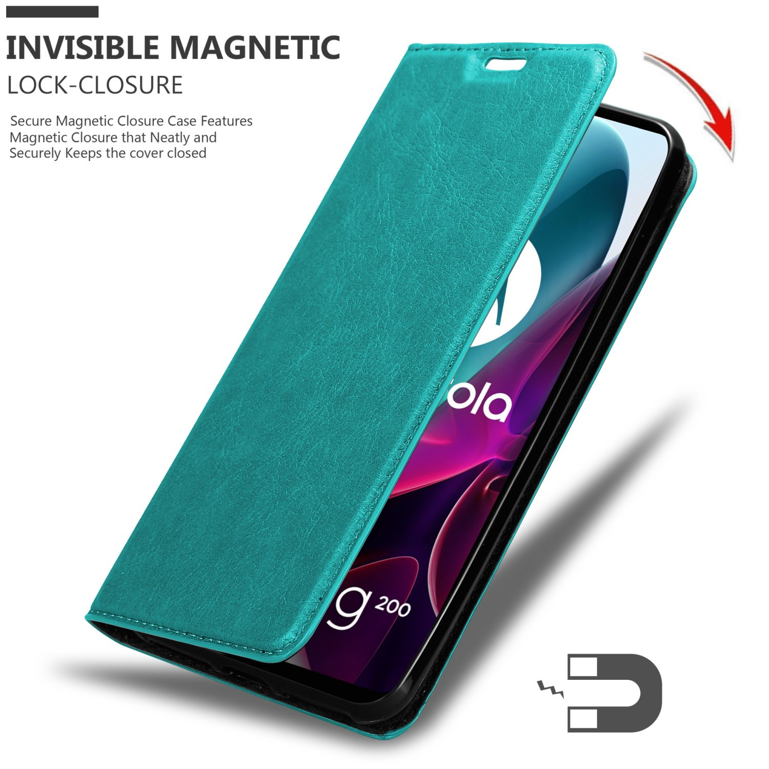 Custodia per telefono verde acqua con coperchio aperto che rivela un telefono. La chiusura magnetica è evidenziata da una freccia.
