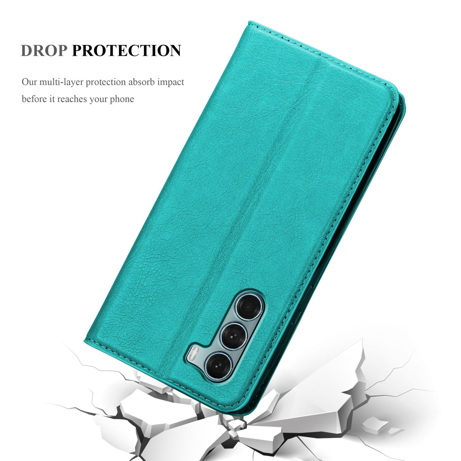 Custodia per telefono verde acqua aperta con telefono. Il testo dice 'Drop protection'. La custodia è su una superficie rotta.