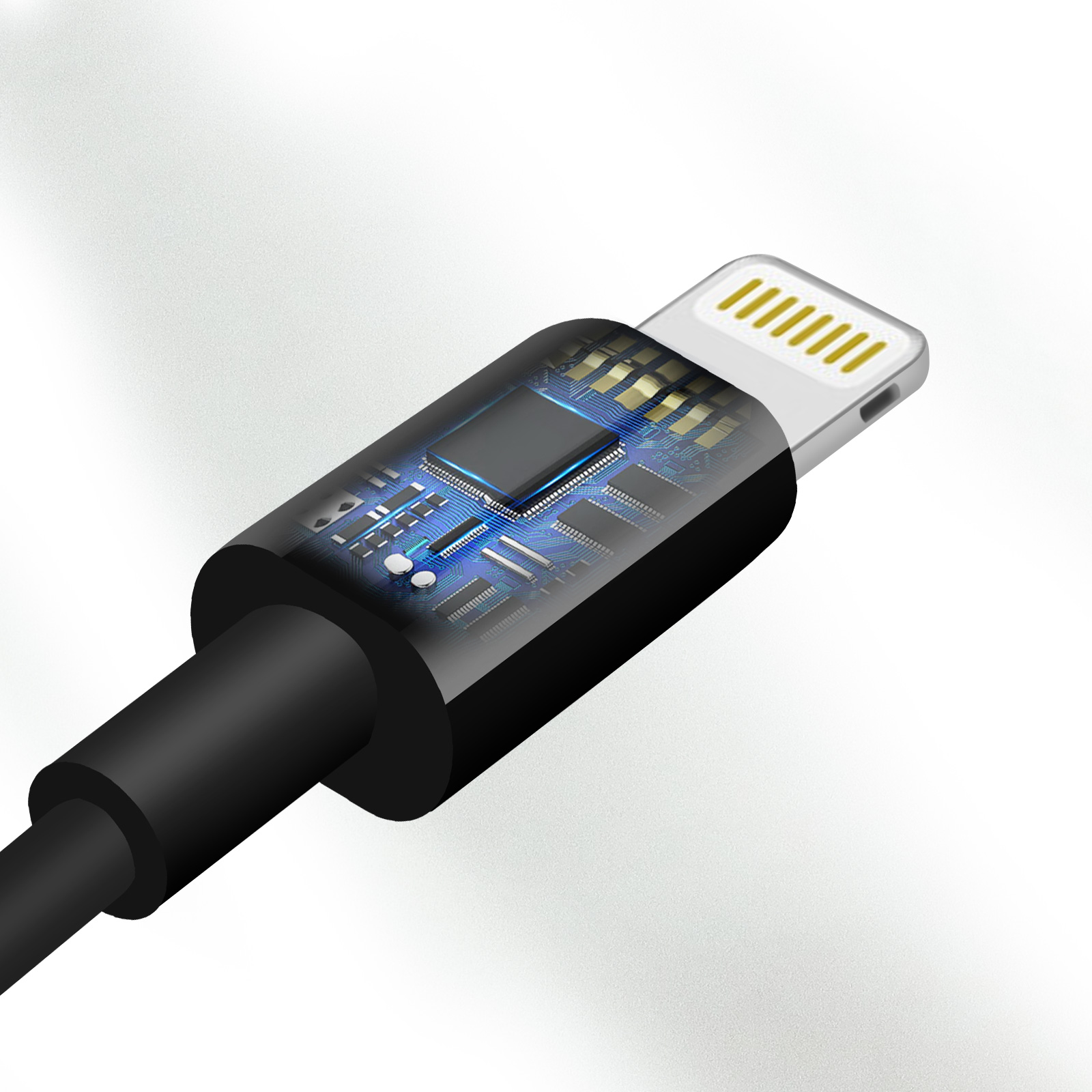 Nahaufnahme eines schwarzen Lightning-Kabels mit klarer Kunststoffabdeckung der elektronischen Komponenten.