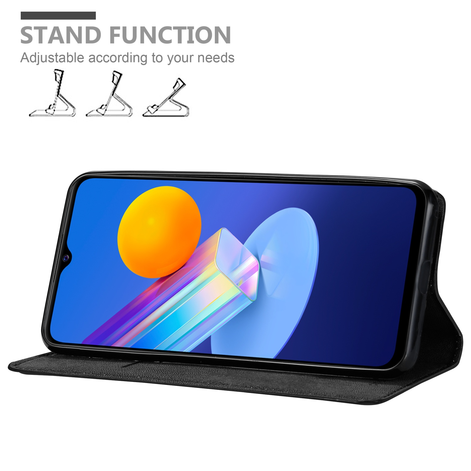 Telefono in custodia nera aperta, che mostra un'immagine colorata. Testo: STAND FUNCTION.
