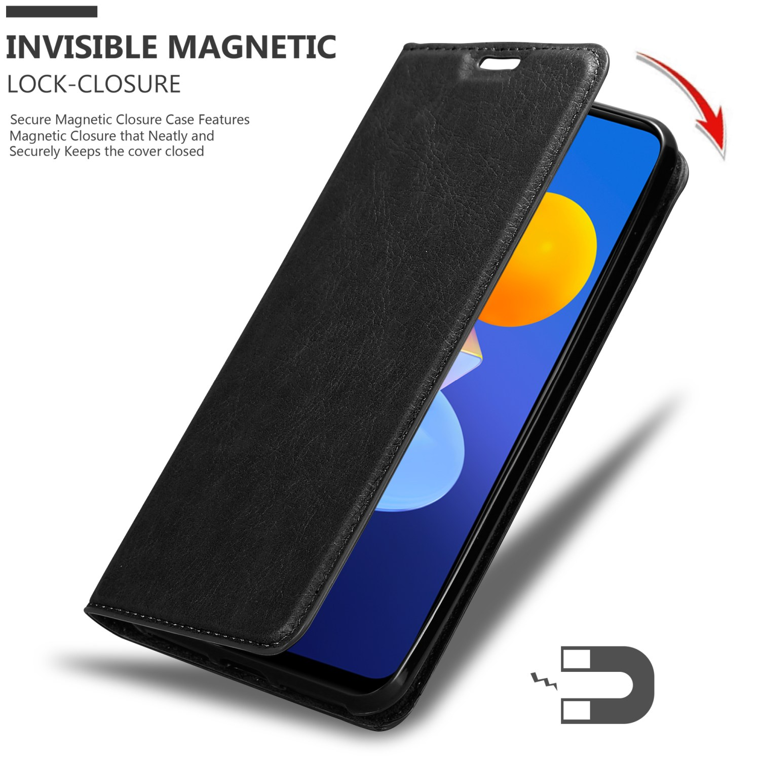 Custodia per telefono nera, aperta. Telefono con schermo. Testo: Chiusura magnetica invisibile.