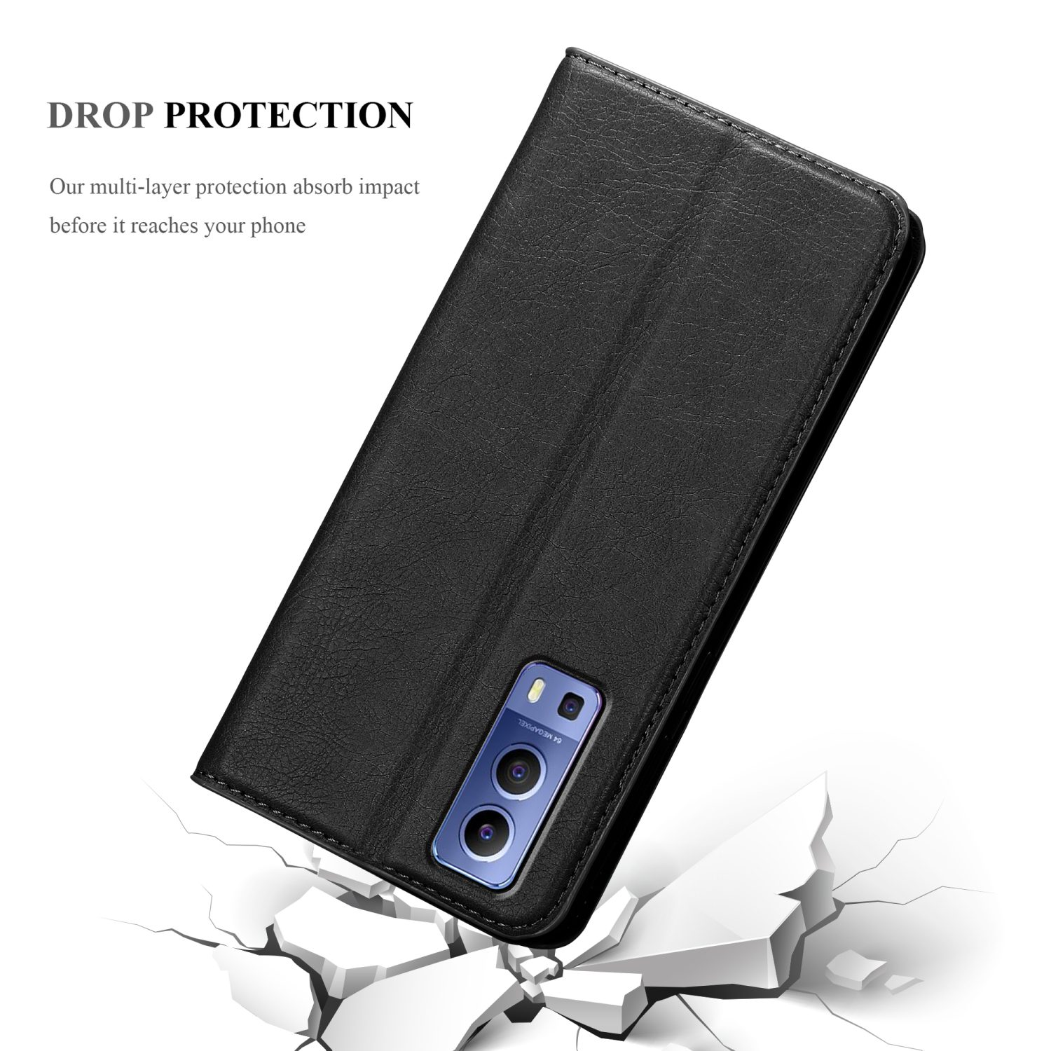 Custodia per telefono nera aperta, che mostra un telefono. Il testo dice 'DROP PROTECTION'.