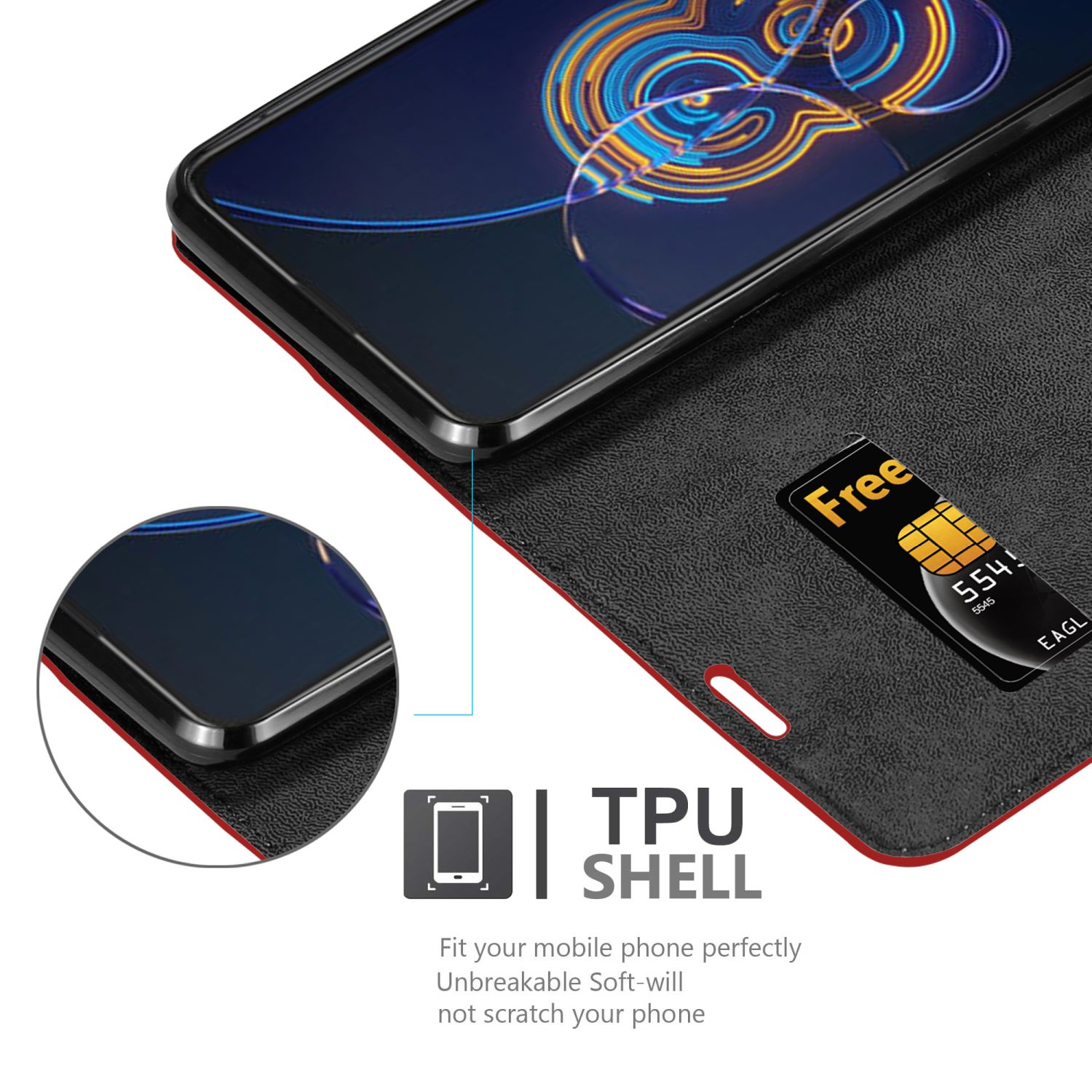 Schwarze Handyhülle, geöffnet, um ein Telefon und eine Karte zu zeigen. Text: TPU-Schale.