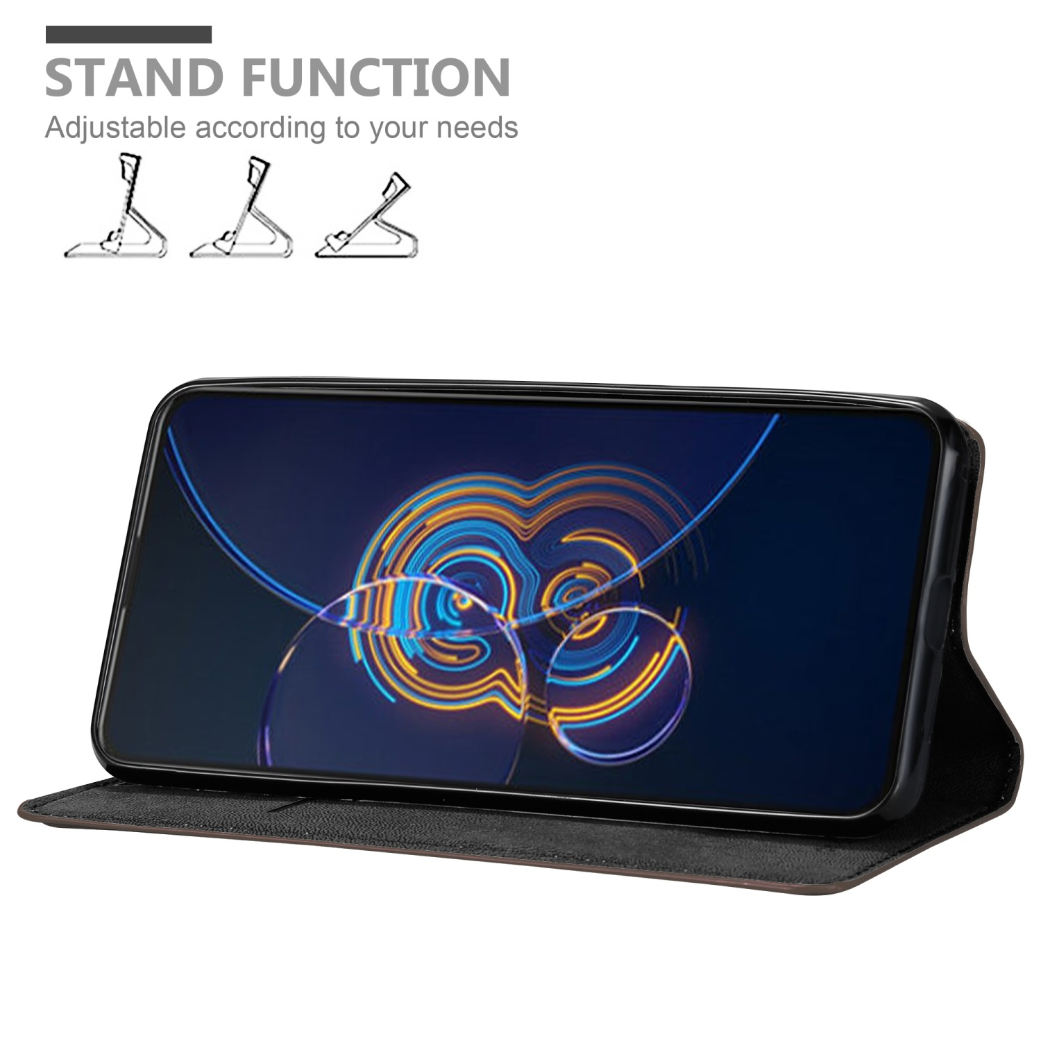 Handyhülle mit Standfunktion. Das Telefon zeigt ein blaues Bild. Drei Standpositionen.