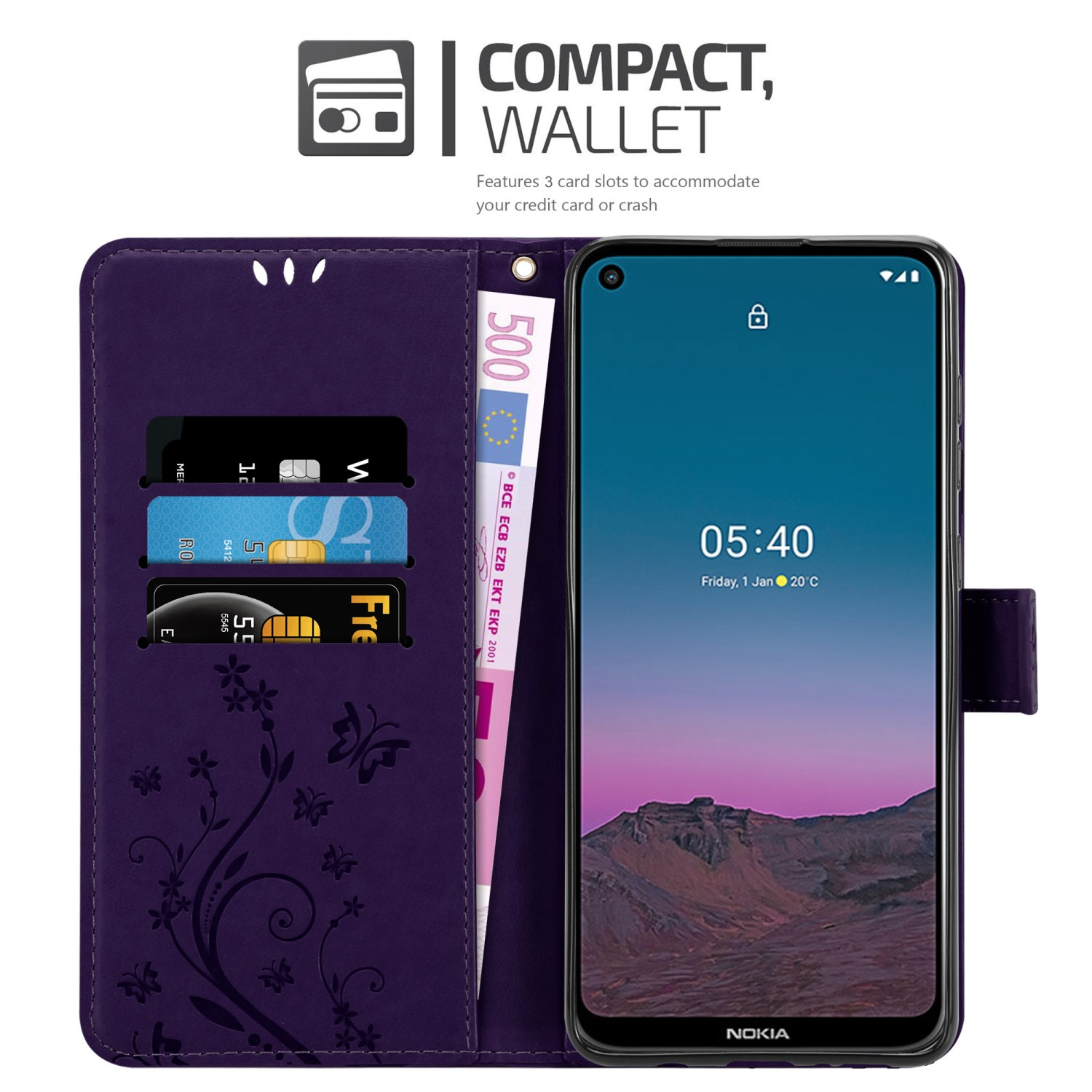 Una custodia a portafoglio viola con un telefono all'interno, con fessure per carte e contanti.
