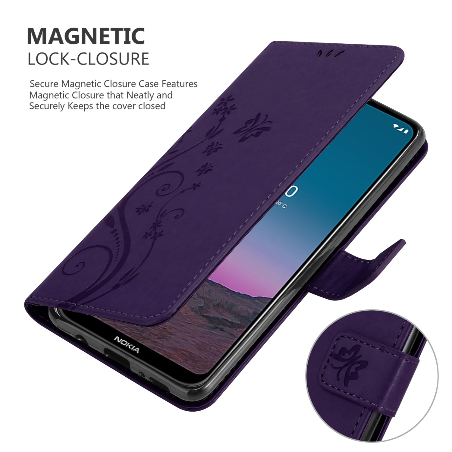 Custodia per telefono viola con design floreale, aperta, mostra il telefono all'interno.