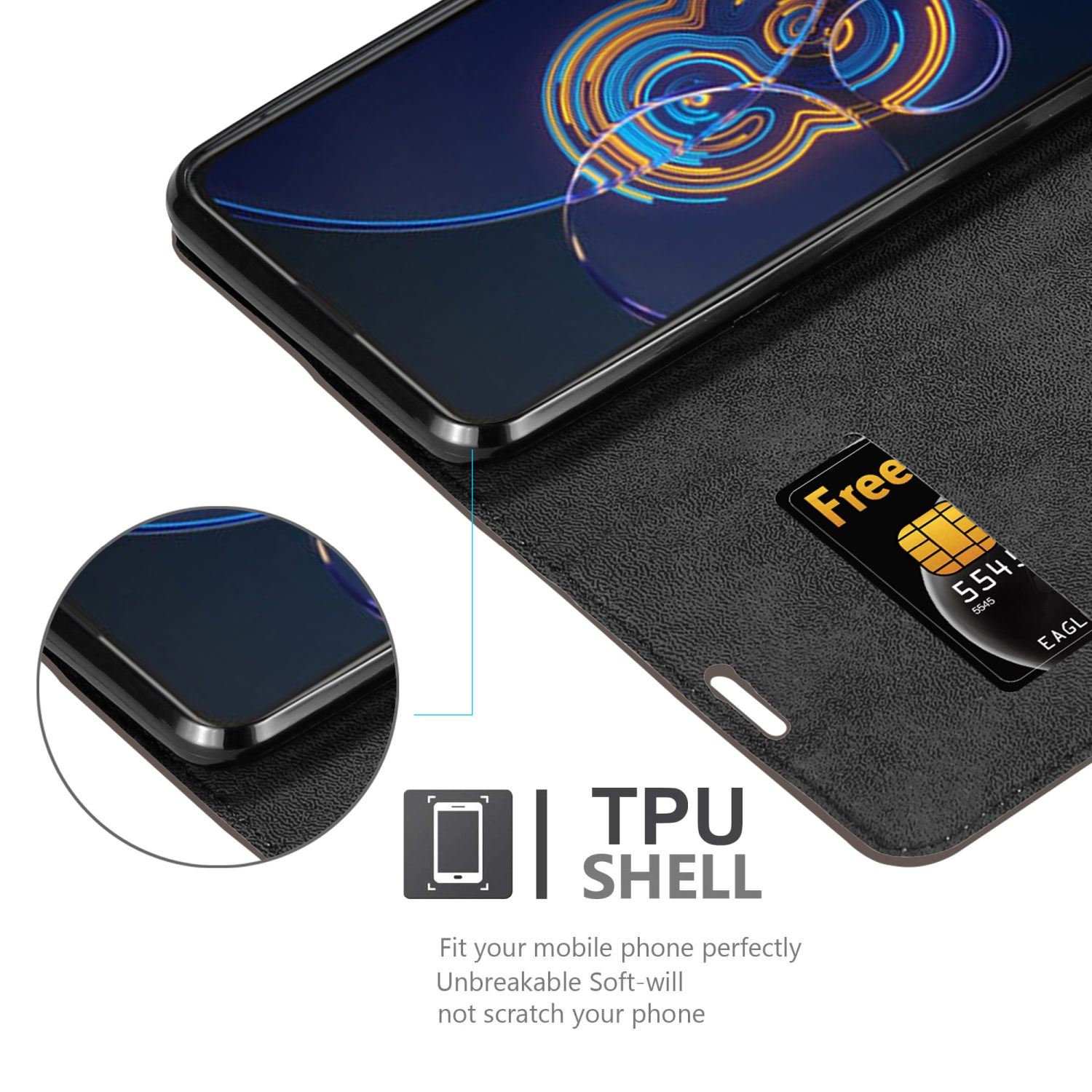 Eine offene Handyhülle mit einem Telefon darin. Text: 'TPU SHELL'.