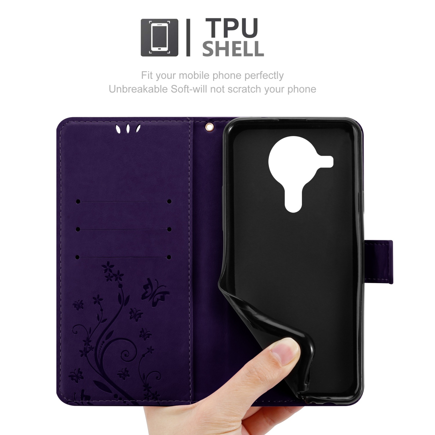 Custodia per telefono viola aperta, con design floreale. Una mano tiene il telefono nero. Sfondo bianco.