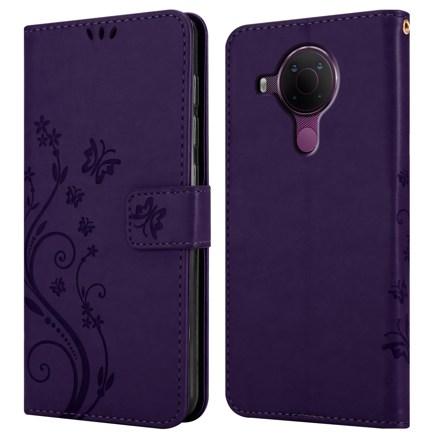 Custodia per telefono viola con design a farfalla e floreale. La custodia è aperta, rivelando la fotocamera del telefono.