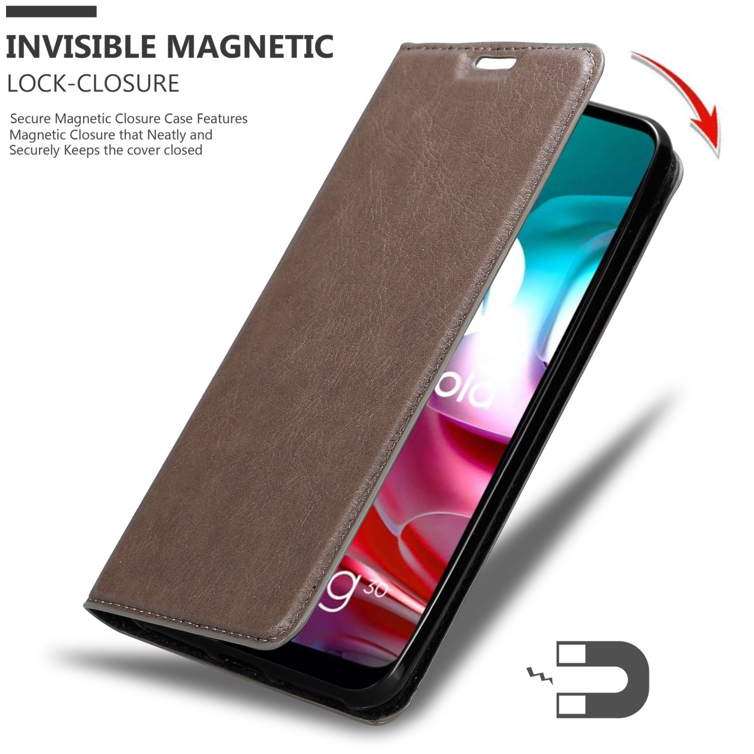 Braune Handyhülle offen mit Telefon. Sichtbarer Magnetverschluss. Weißer Hintergrund.