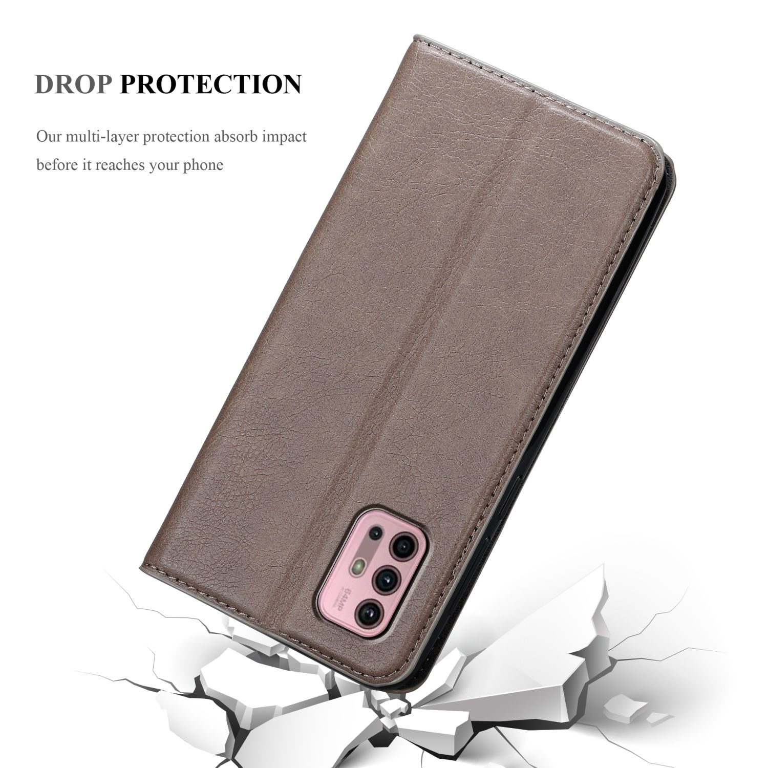 Braune Handyhülle mit Telefon darin. Weiße Oberfläche mit Rissen.