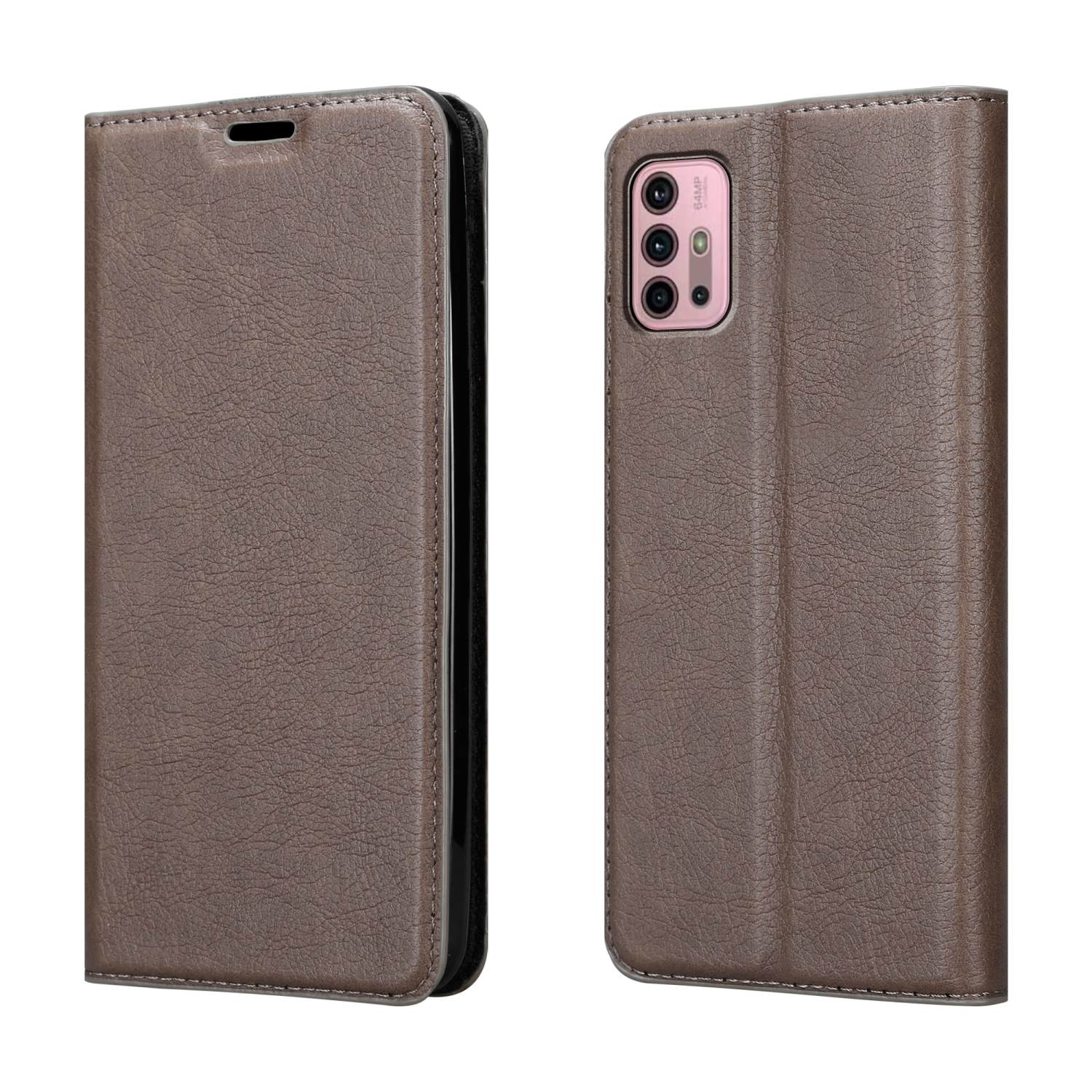 Eine pinke Handyhülle, geöffnet, das Telefon und ein Blumendesign enthüllend.