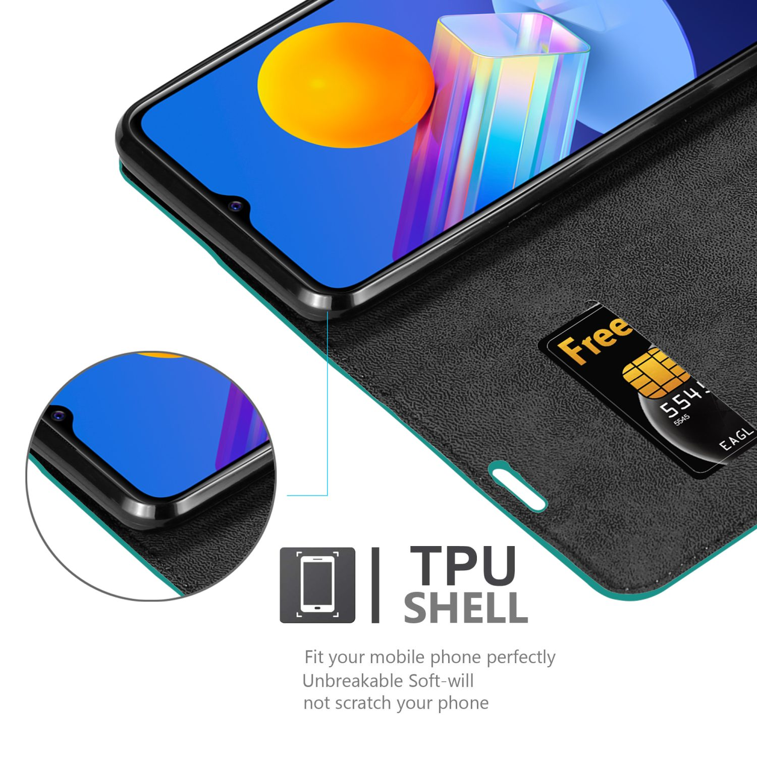 Una custodia per telefono con esterno turchese e un telefono all'interno, con uno slot per schede visibile.