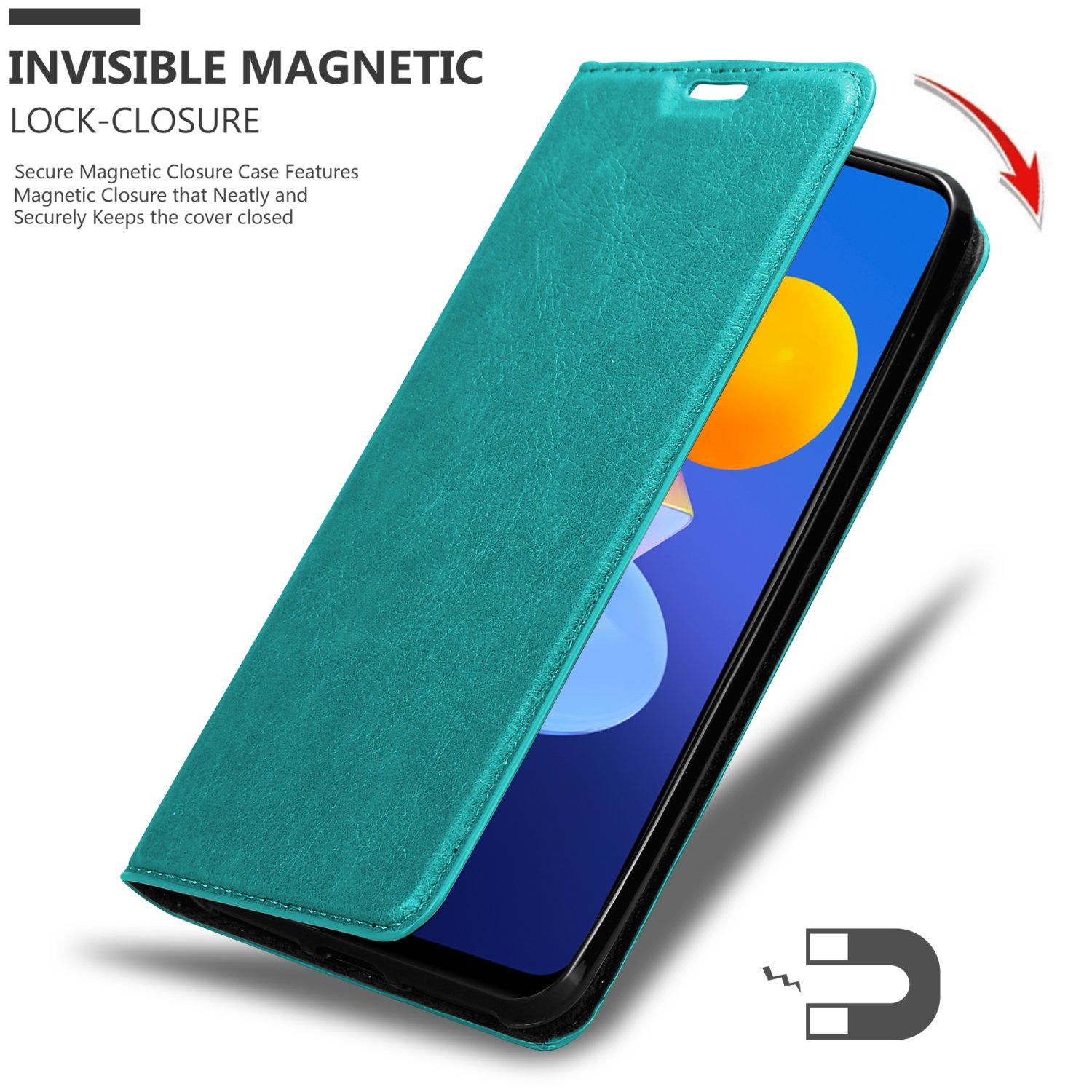 Custodia per telefono turchese, aperta, con un telefono all'interno. La chiusura magnetica è mostrata con una freccia e un'icona a magnete.