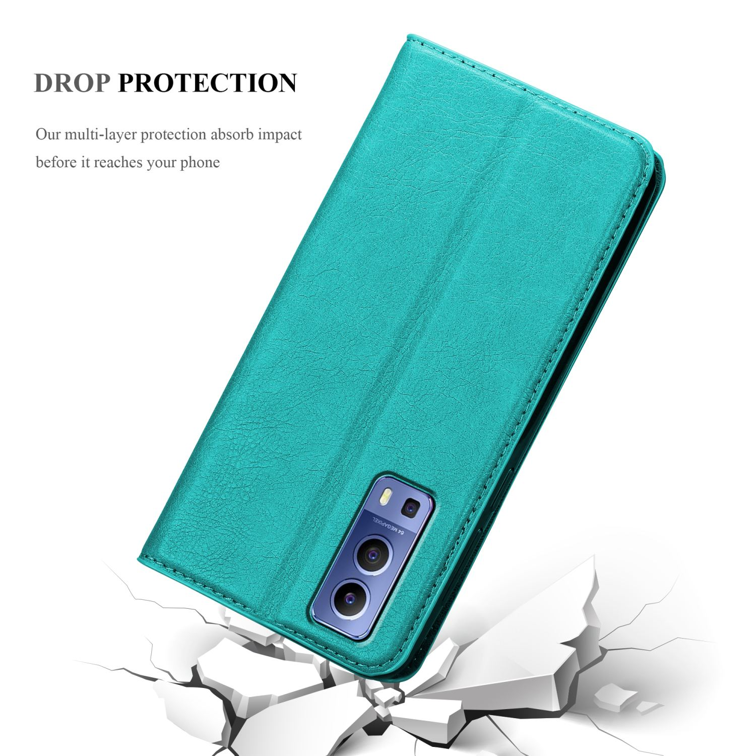 Una custodia per telefono verde acqua su una superficie che sembra rompersi. Aperta.