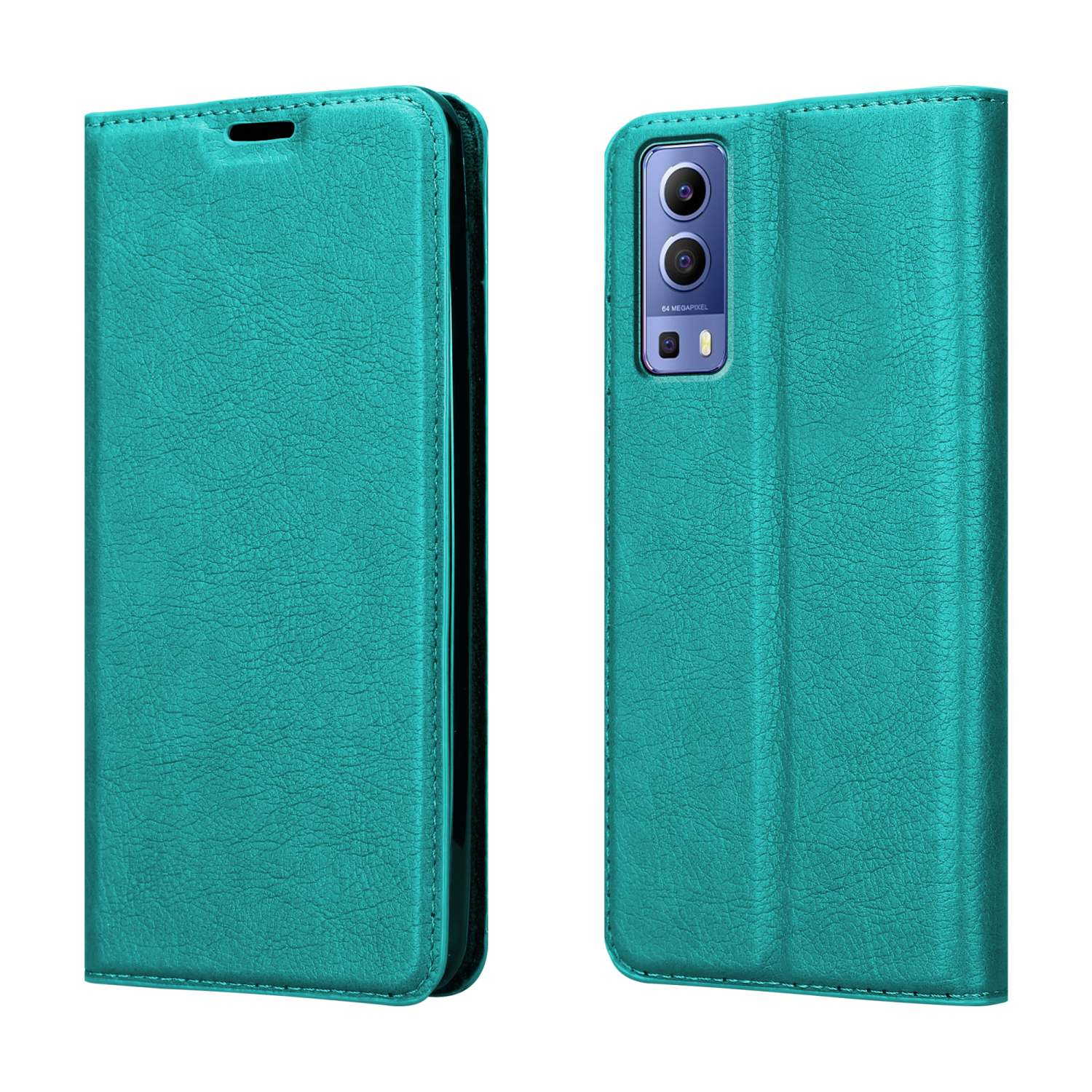Due custodie per telefono verde acqua, aperte e chiuse, che mostrano il retro di un telefono con una fotocamera, su sfondo bianco.