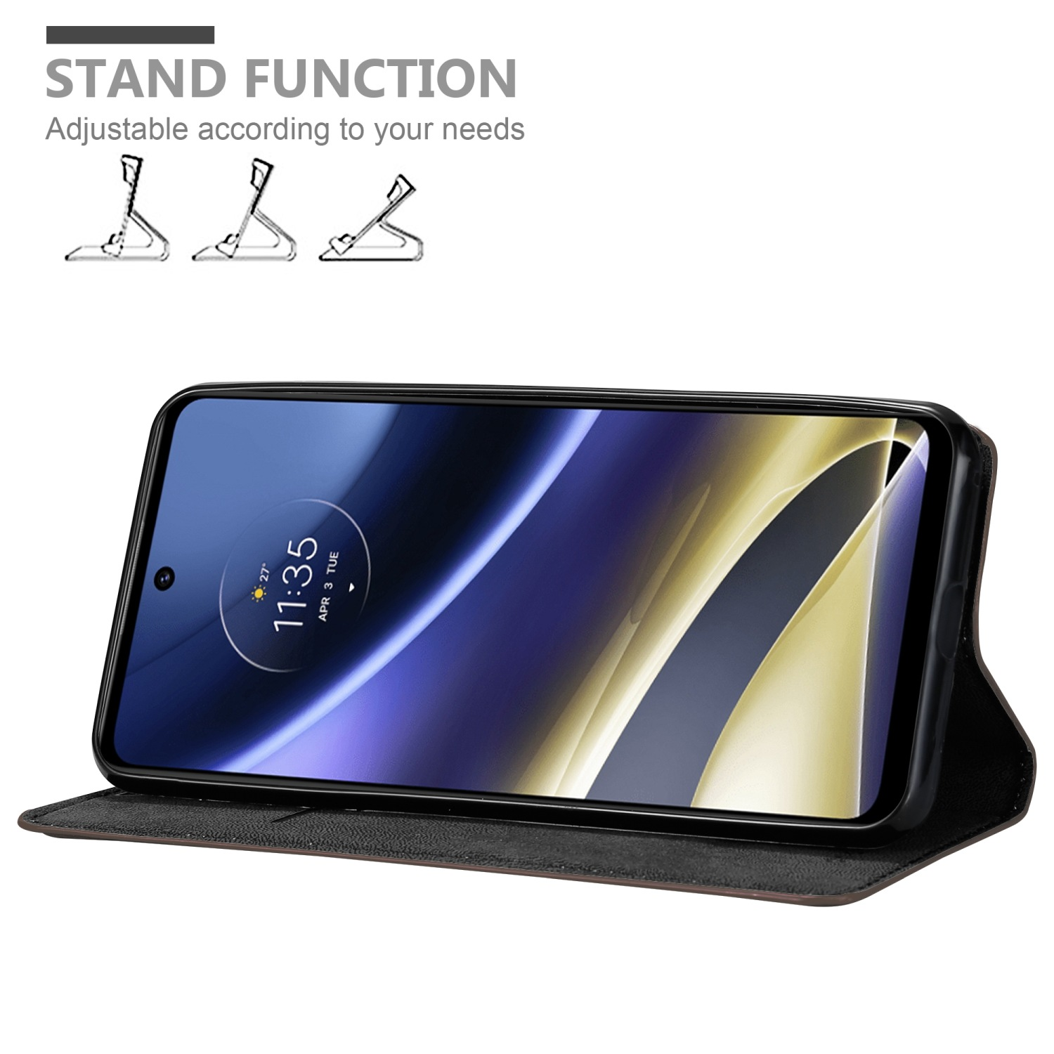 Telefono in custodia nera, funzione stand, ora 11:35.