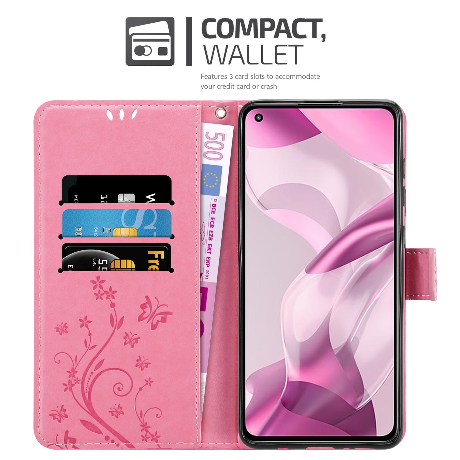 Custodia per telefono rosa con telefono e slot per carte. Testo: Portafoglio compatto, con 3 slot per carte.