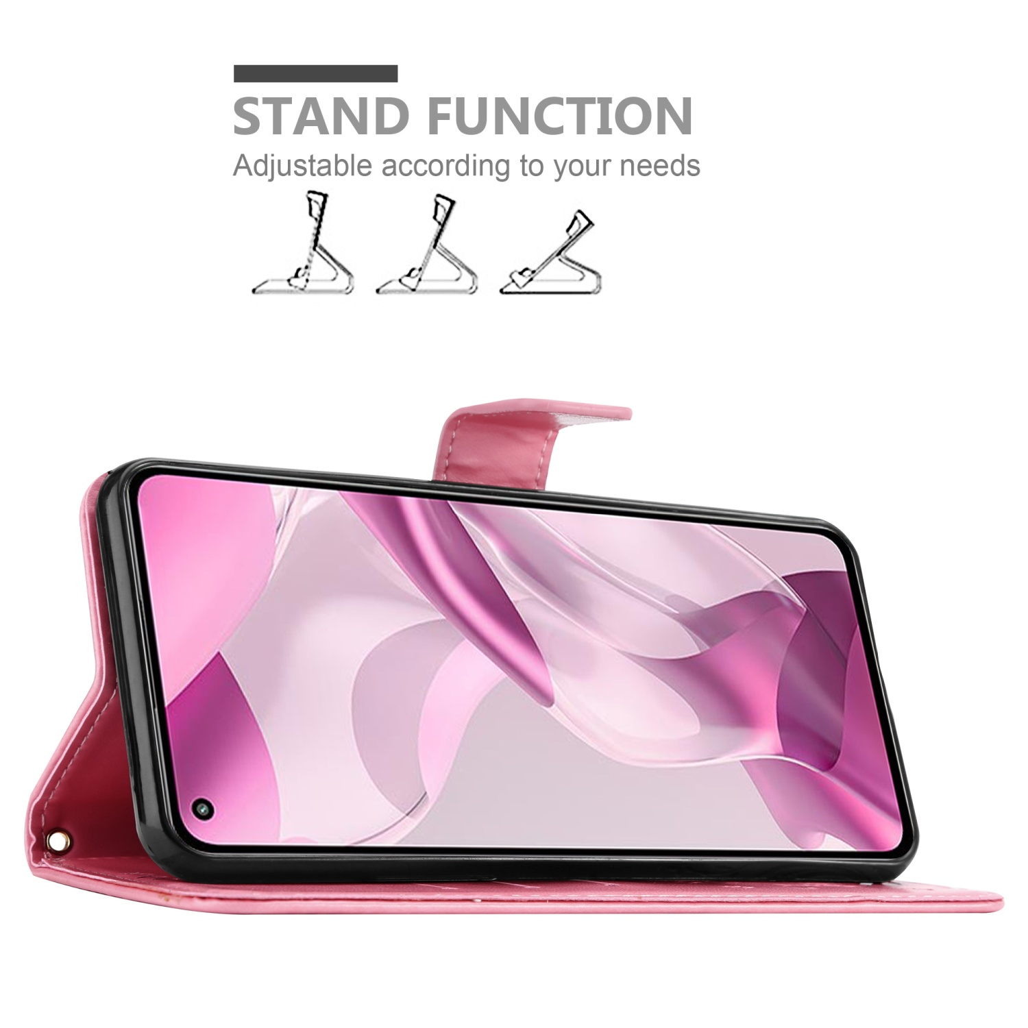 Una custodia per telefono rosa è aperta, che mostra un telefono. Testo: Funzione supporto. Regolabile in base alle tue esigenze.