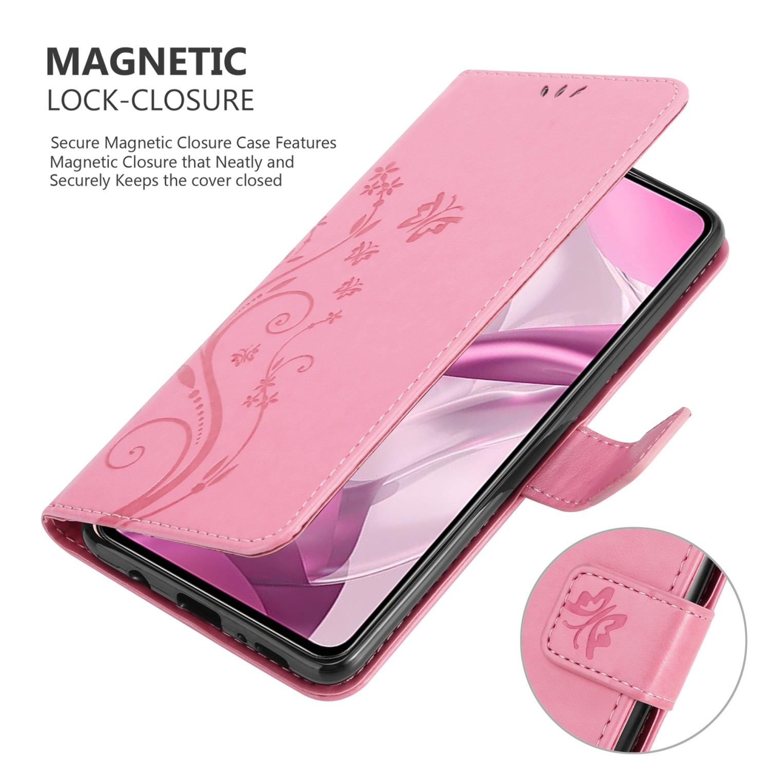 Custodia rosa per telefono con design floreale, aperta, che mostra il telefono. Un piccolo dettaglio circolare è visibile.