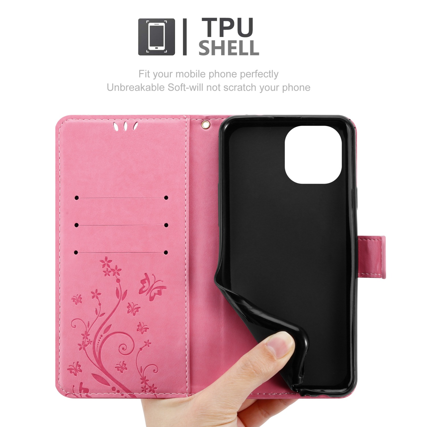 Una custodia per telefono rosa, aperta, che mostra un telefono all'interno e un motivo floreale sulla copertina interna.