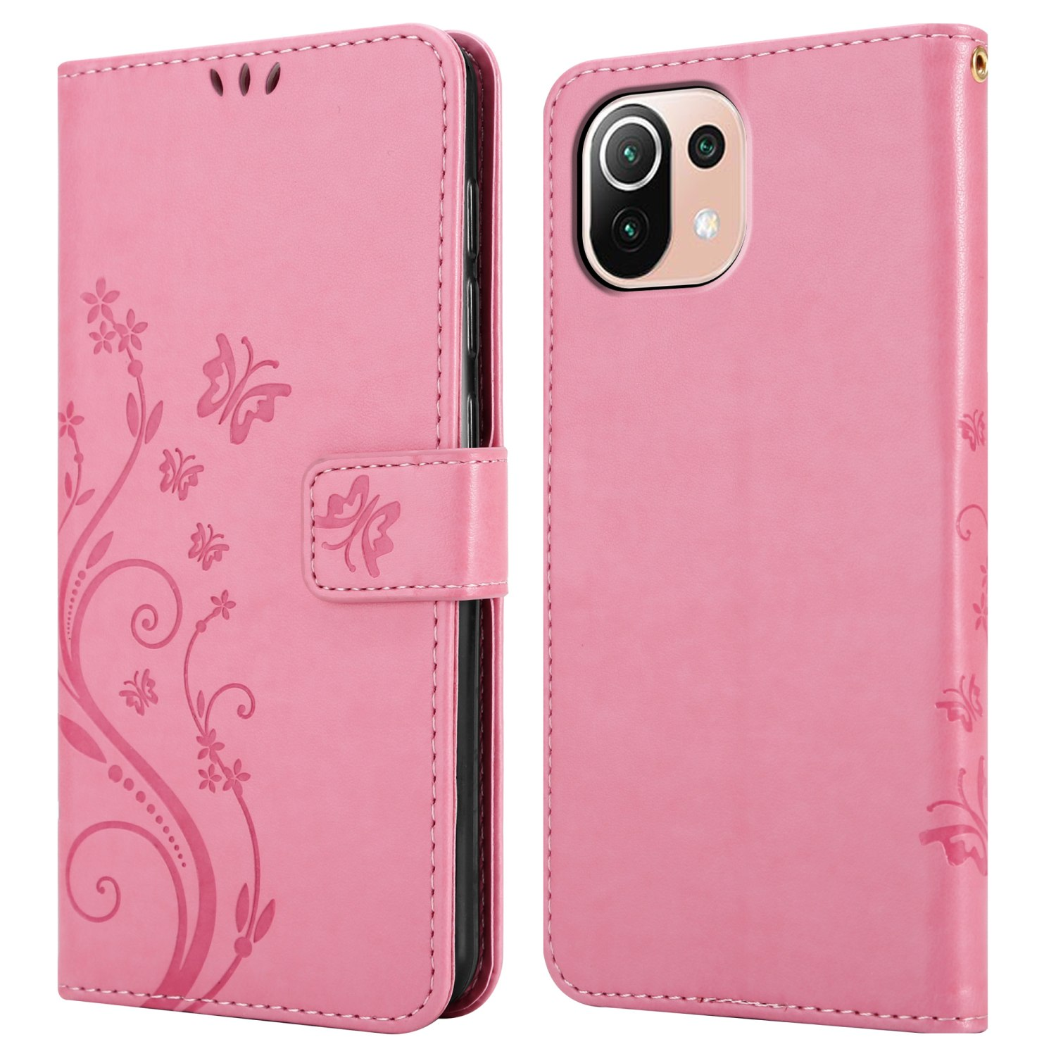 Una custodia per telefono rosa con un design a farfalla, aperta, che mostra il telefono.