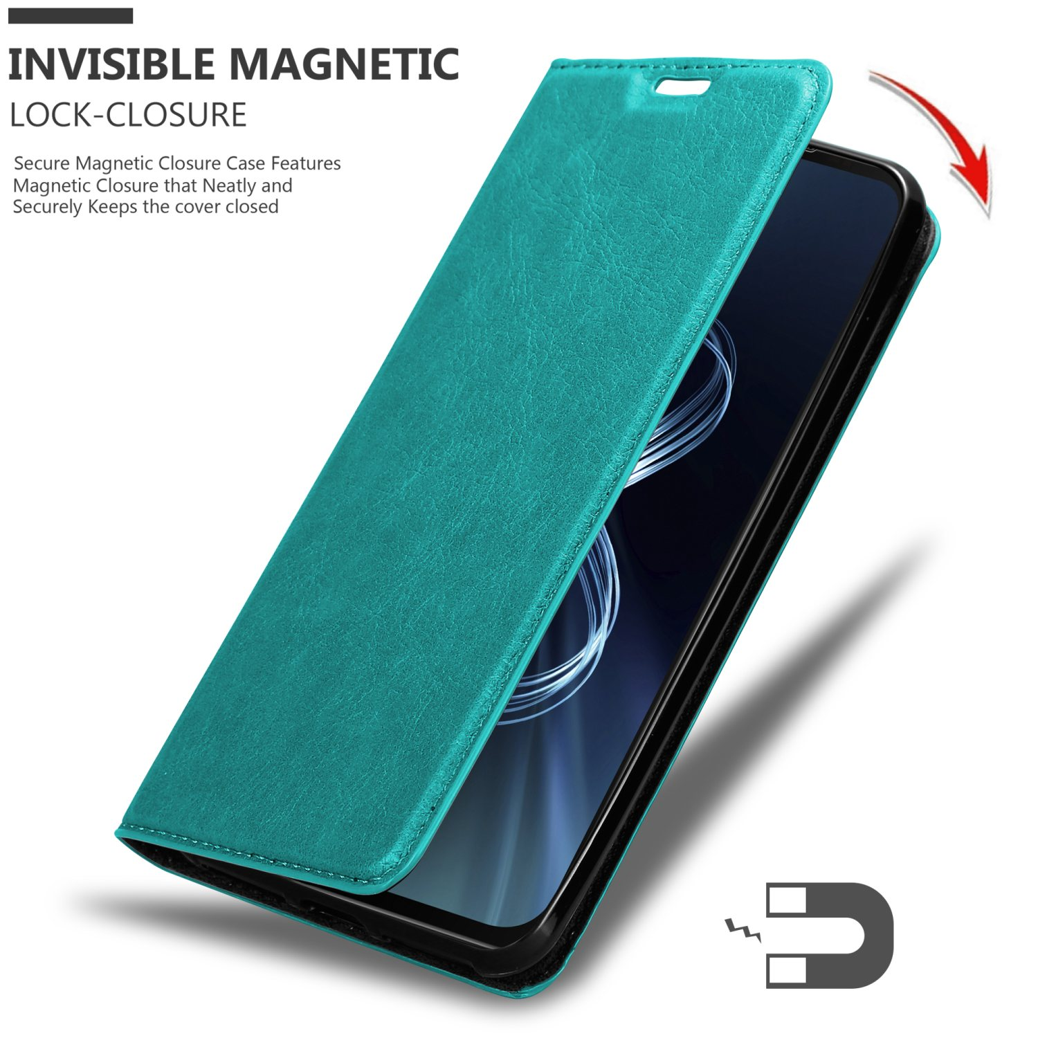 Türkisfarbene Handyhülle offen, mit Magnetverschluss. Text: Unsichtbarer Magnetverschluss.