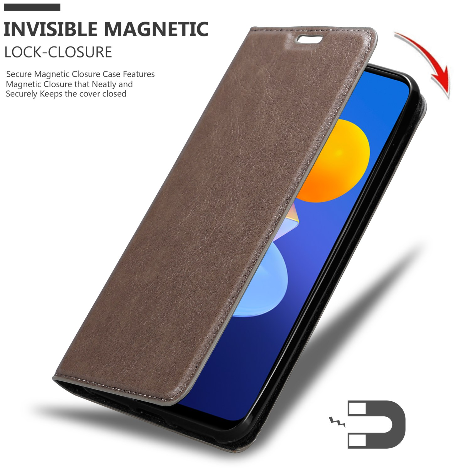 Una custodia per telefono marrone con chiusura magnetica è aperta, rivelando lo schermo di un telefono. La custodia ha un simbolo di magnete.